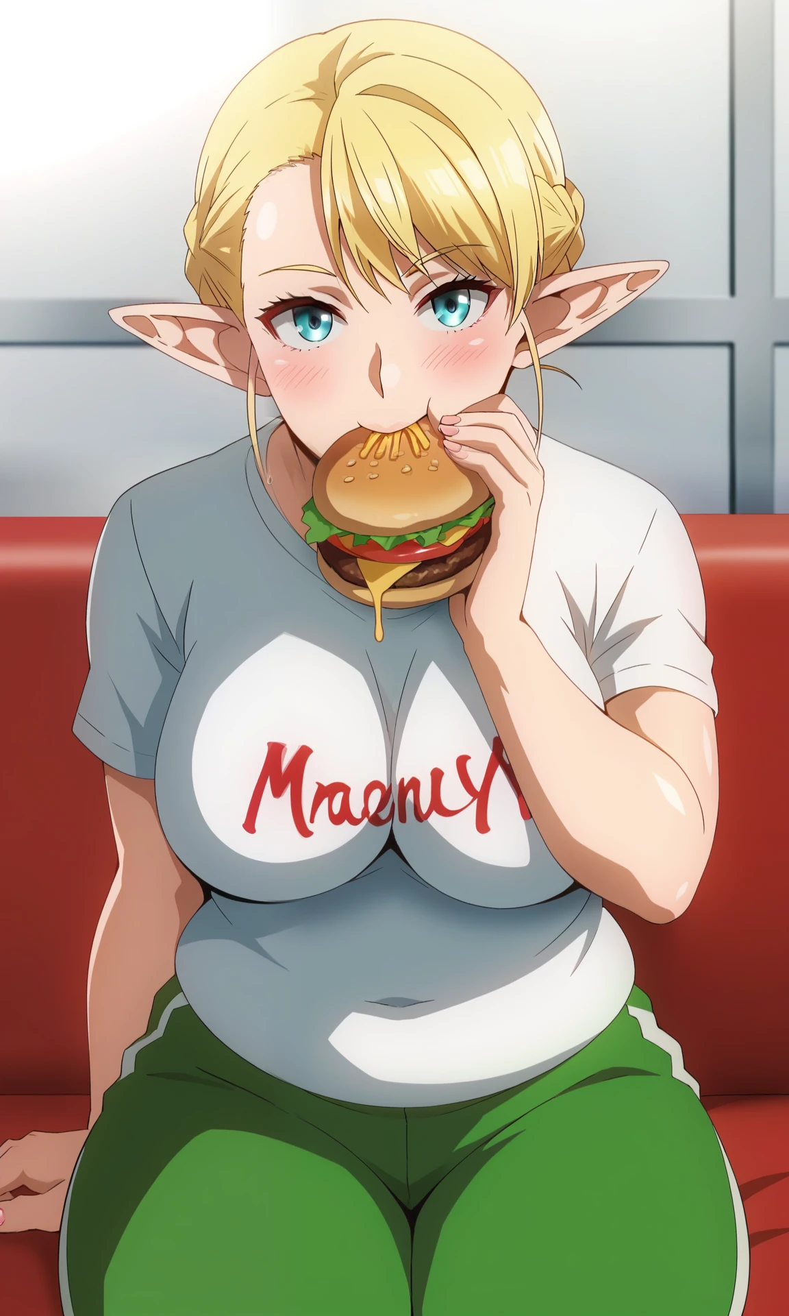 score_9, score_8_up, score_7_up, source_anime, zPDXL2, 1girl, solo,  hara \(harayutaka\), BREAK
 <lora:elfuda-pony:1>, elfuda_wz, blonde hair, pointy ears, elf, blue eyes, large breasts, french braid, long pointy ears, white shirt, t-shirt, short sleeves, track pants, green pants, plump, thick arms, thick thighs, fat rolls, big belly, clothes writing, fat,  BREAK
sitting, restaurant, mcdonald's, burger, french fries, eating, hand on own cheek, upper body, looking at viewer,