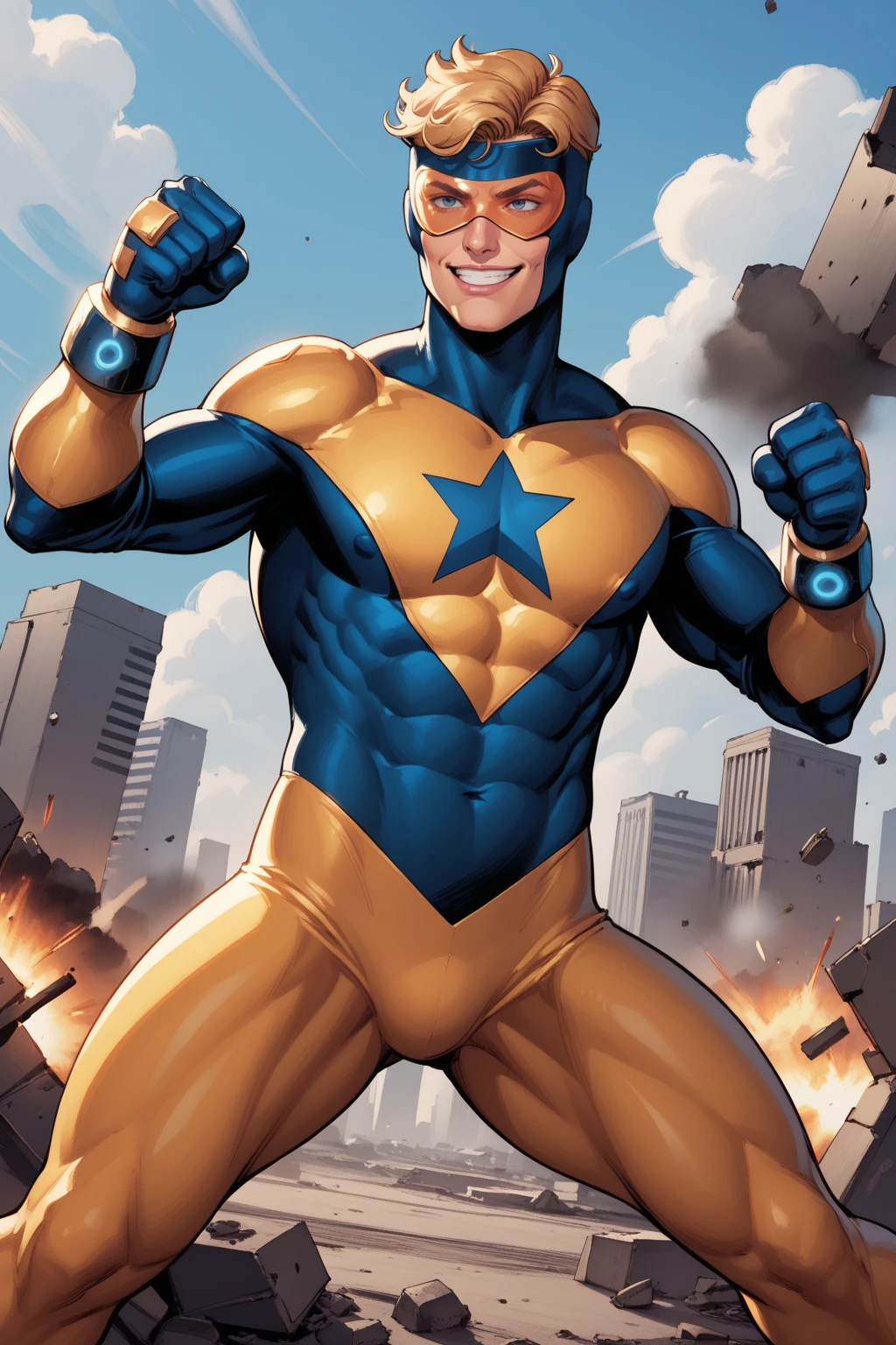 score_9, score_8_up, score_7_up, masterpiece, high quality, BREAK
 <lora:Booster GoldPonyLoRA:1>bstrgld, short hair, mask, goggles, , high star (symbol), bracer, gloves, fist fight, city ruins, kicking, smirk, destruction, explosion