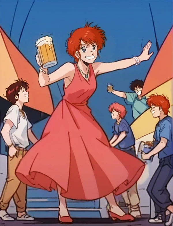 leonaozaki, source_manga, rating_safe,  score_8_up, score_7_up, couple, 1girl, short red hair, messy hair, cheeky grin, black evening dress, sleeveless, jewellery, necklace,  <lora:Leona_Ozaki_Dominion_Tank_Police:0.8>, full body, dancing at a party, drinking beer