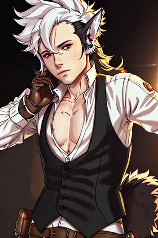 <lora:keaton:0.6> keaton, fire emblem, fates, man, (long hair), multicolor hair, white hairs on top, black hairs below, wolf ears, wolf tail, fluffy tail, wolfskin, red eyes, mischievous, fierce, muscular build, sleeveless black vest, black trousers, white shirt, brown gauntlets, boots, ultra detailed digital art, dramatic, trending on artstation, sharp focus, perfect composition, concept art, 8k, studio photo, ethereal colors background, volumetric lighting, light studio, vibrant, intricate details, tonemapping, <lora:add_detail:0.6>