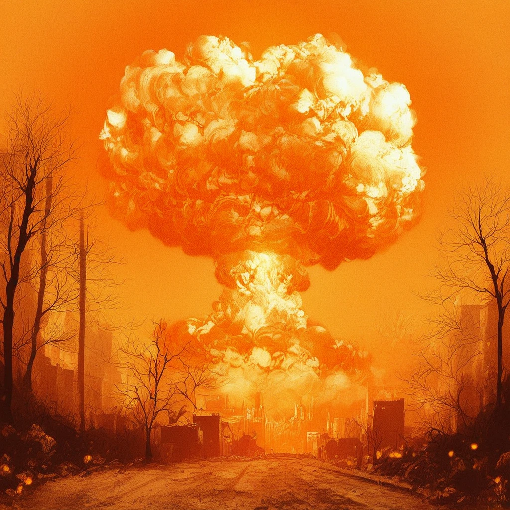 score_9, score_8_up, score_7_up, detailed background, realistic lighting, city scape, trees, dead tree, nuclear explosion in background, nuclear explosion, orange theme,,