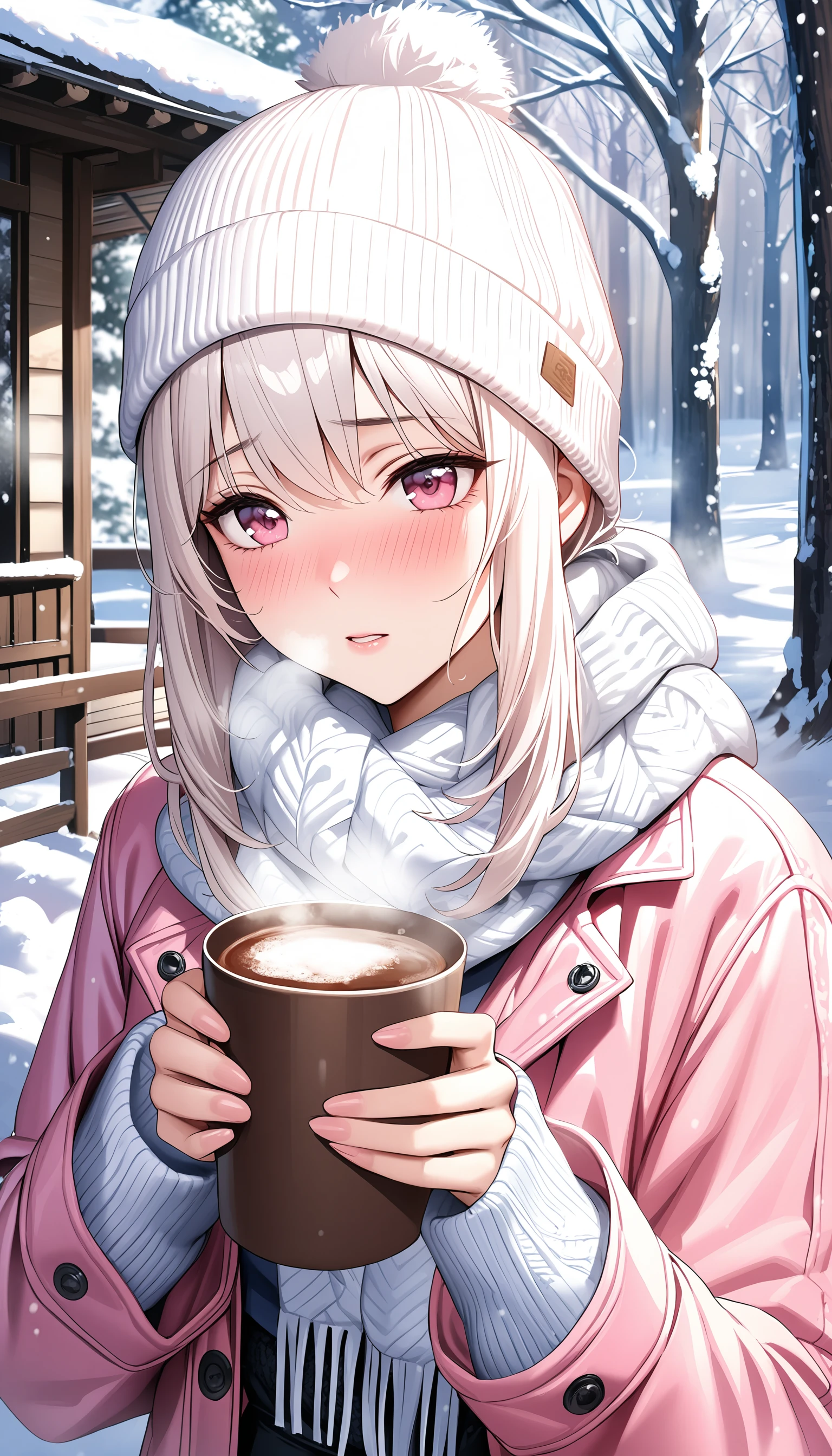 realistic
1girl, white hair, short hair with long locks, pink eyes, pink jacket, black pants, white beanie, white scarf, cold, breath, nose blush, outdoors, snow, holding steaming hot cocoa, snowing, nature, snow covered tree, masterpiece, best quality