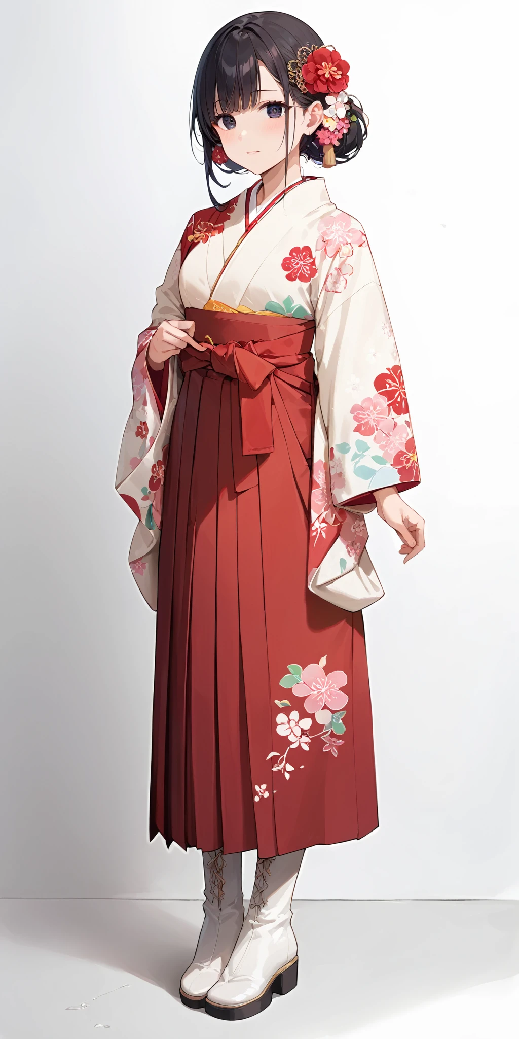 score_9, score_8_up, score_7_up,source_anime, high res image,masterpiece,best quality,girl,cute face,clear skin,shiny hair,ultra detailed eyes,simple background, <lora:furisode hakama_pony_V1.0:0.6> furisode, hakama, floral print, hair ornament,boots