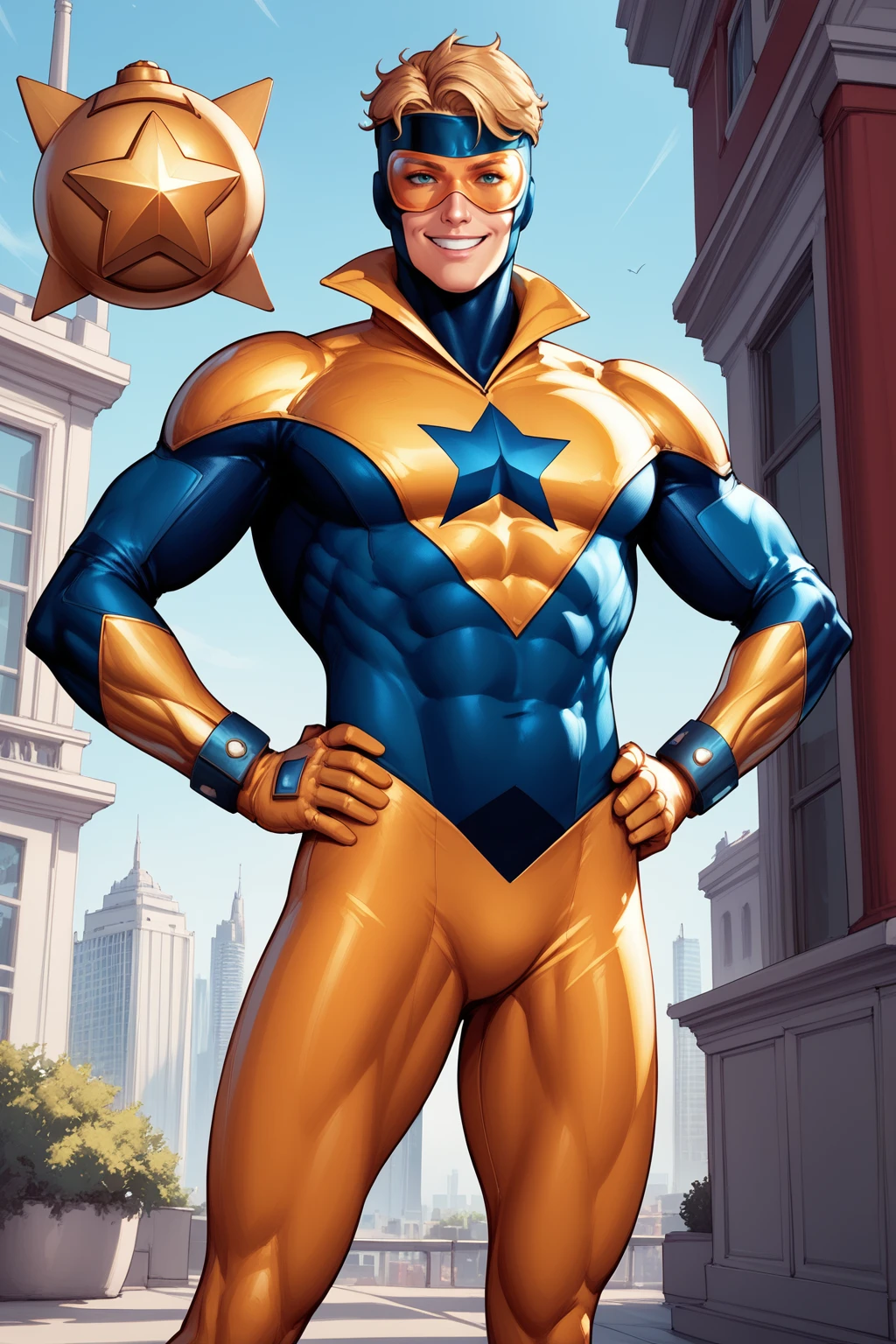 score_9, score_8_up, score_7_up, masterpiece, high quality, BREAK
 <lora:Booster GoldPonyLoRA:1>bstrgld, short hair, mask, goggles, high collar, bodysuit, high star (symbol), bracer, gloves, boots, smile, hands on hips, orb, city in background,