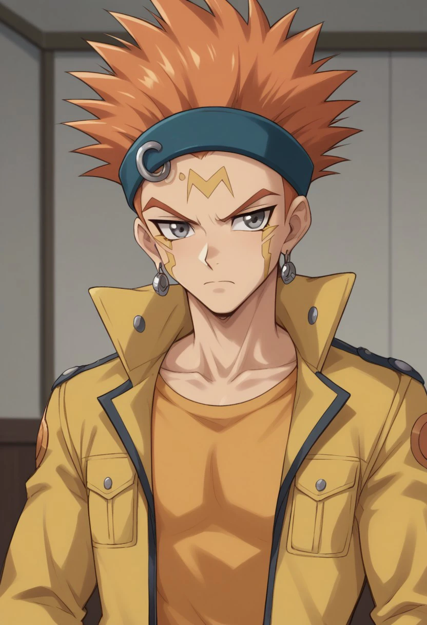 score_9, score_8_up, score_7_up, source_anime, highly detailed, 
crw_5d, male focus, 1boy, solo, jacket, grey eyes, shirt, headband, jewelry, earrings,
yellow shirt, orange hair, upper body, spiked hair, frown, yellow jacket,
open clothes, open jacket, indoors, collarbone,