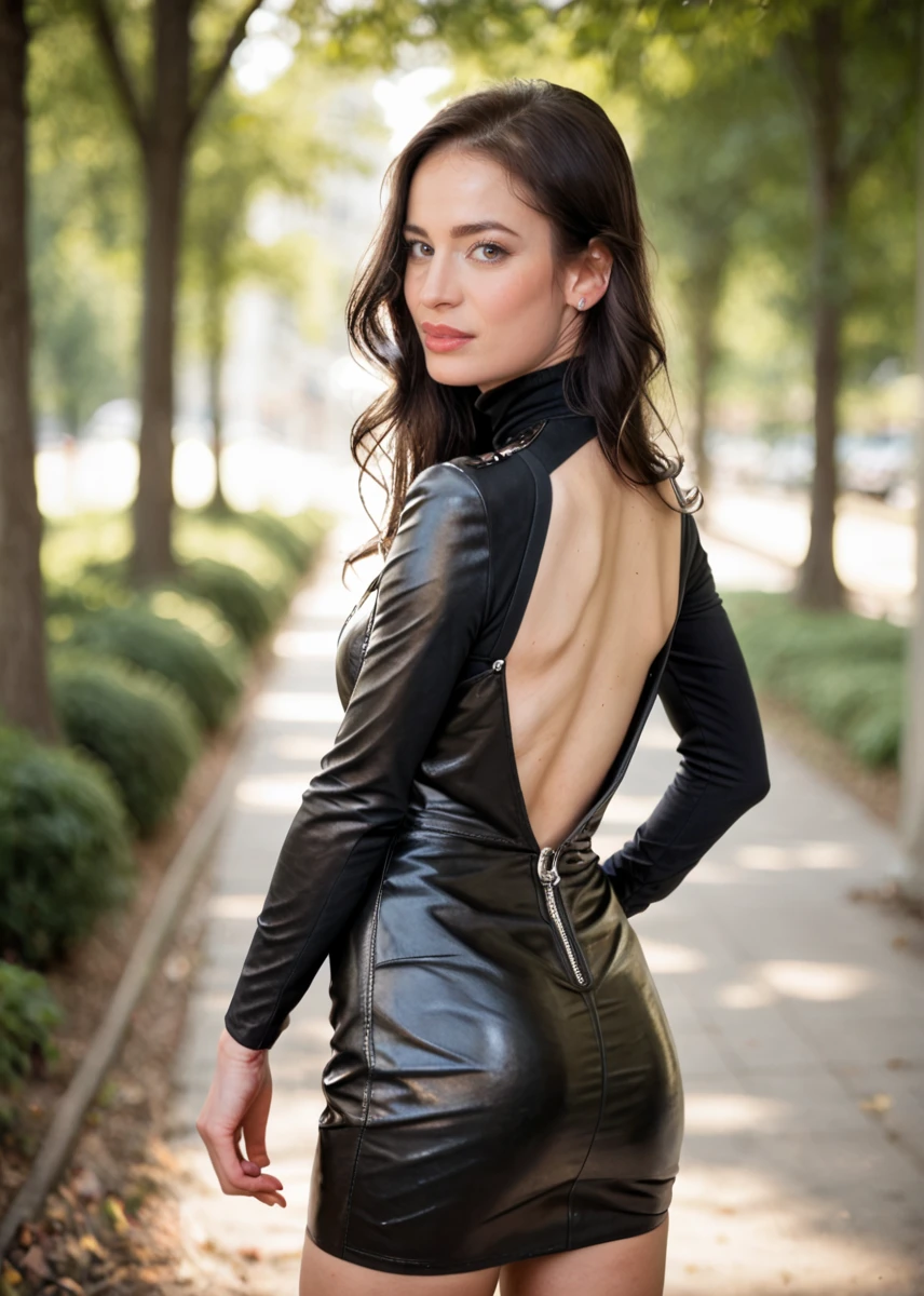 score_9, score_8_up, score_7_up, A captivating masterpiece, photo, realistic, 1girl, dark hair, (leather dress with turtleneck), half body, (sideways from behind), looking at the viewer, ass focus, sunlight, background blurred, 8k,<lora:MS_Silvia_Sin_V1_Pony:0.8>