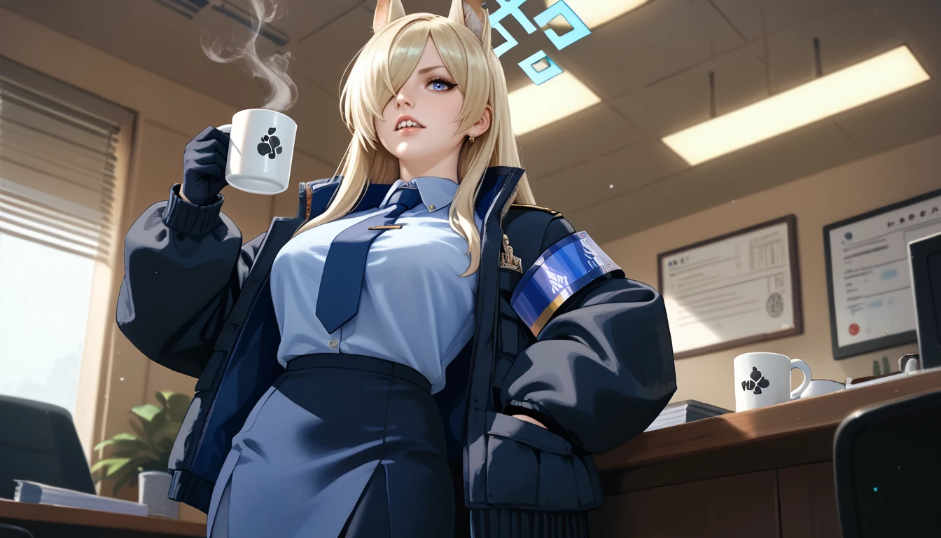 score_8_up, score_7_up, realistic, solo, 1girl, kannadef, sharp teeth, looking at viewer, holding coffee mug, hair over one eye, animal ears, extra ears, blue halo, black jacket, open jacket, long sleeves, armband, blue shirt, collared shirt, blue necktie, tie clip, black gloves, blue skirt, pencil skirt, black pantyhose, large breasts, indoors, office <lora:style_themaestronoob_ponyXL:1> <lora:ba_ogatakanna_ponyXL:1>