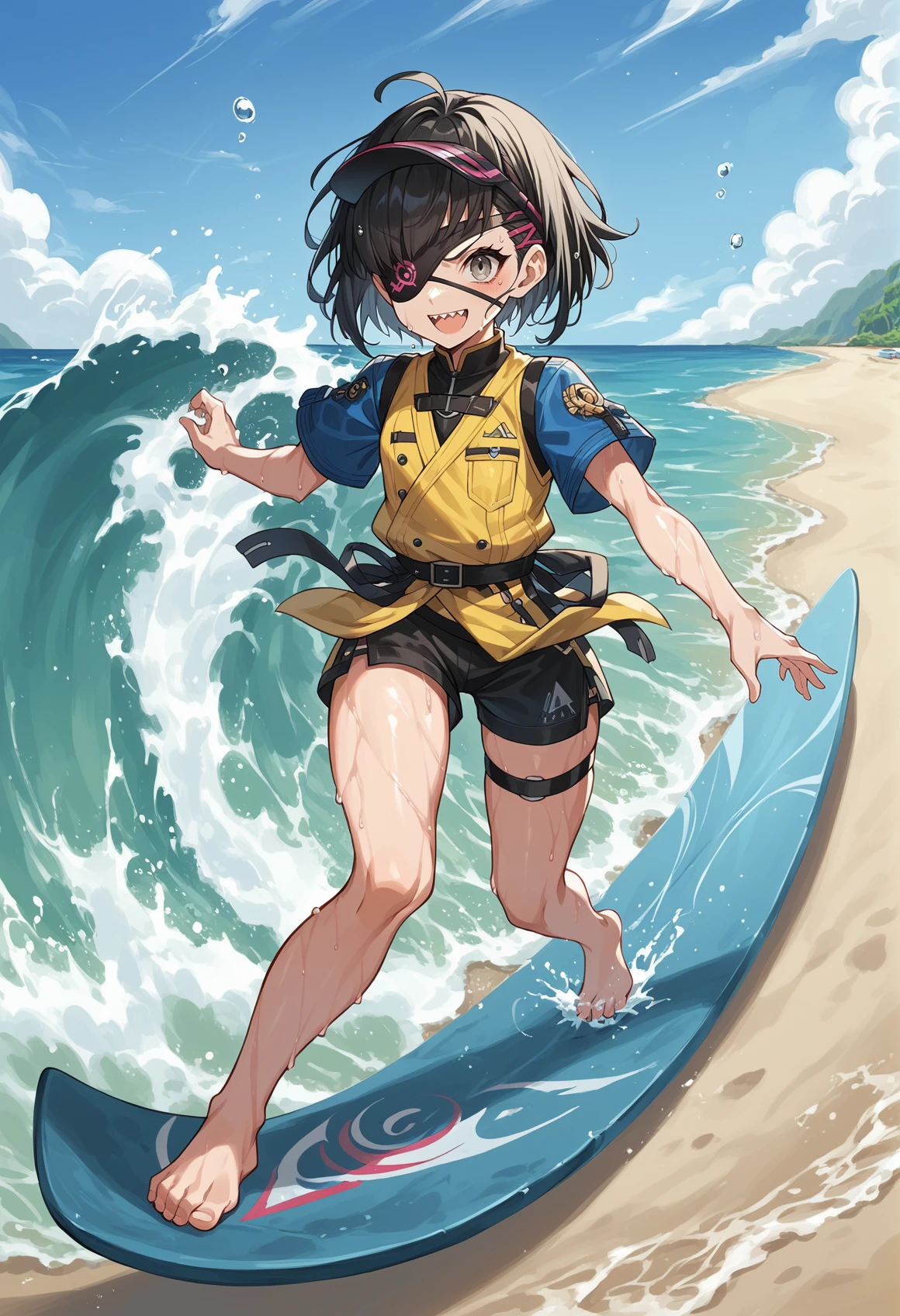 1girl, short hair, black hair, grey eyes, hair over one eye, eyepatch, visor, black bikini, yellow vest, surfing, outdoors, beach, sea, wet, sweat, smile, full body, sharp teeth, visor <lora:Ranmaru:1>, score_9, score_8_up, score_7_up, score_6_up, score_5_up, score_4_up, BREAK source_anime, masterpiece