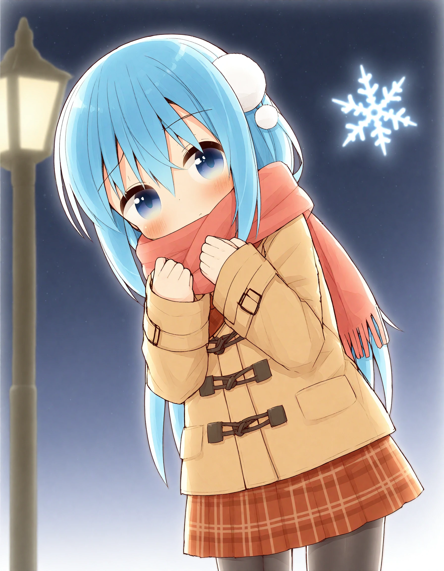ayanepuna, 1girl, solo, depth of field, long hair, hair between eyes, blue hair, blue eyes, looking at viewer, blush, closed mouth, head tilt, hands up, red skirt, pleated skirt, black pantyhose, hair ornament, scarf, red scarf, long sleeves, brown jacket, brown coat, duffel coat, fringe trim, plaid, outdoors, night sky, night, snowflakes, lamppost