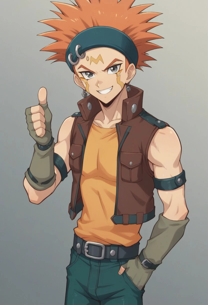 score_9, score_8_up, score_7_up, source_anime, highly detailed, 
crow_5ds, 1boy, male focus, spiked hair, solo, gloves, fingerless gloves, orange hair, belt, facial mark, thumbs up, smile, headband, earrings vest, shirt orange shirt, sleeveless, green pants, looking at viewer,
outdoor,