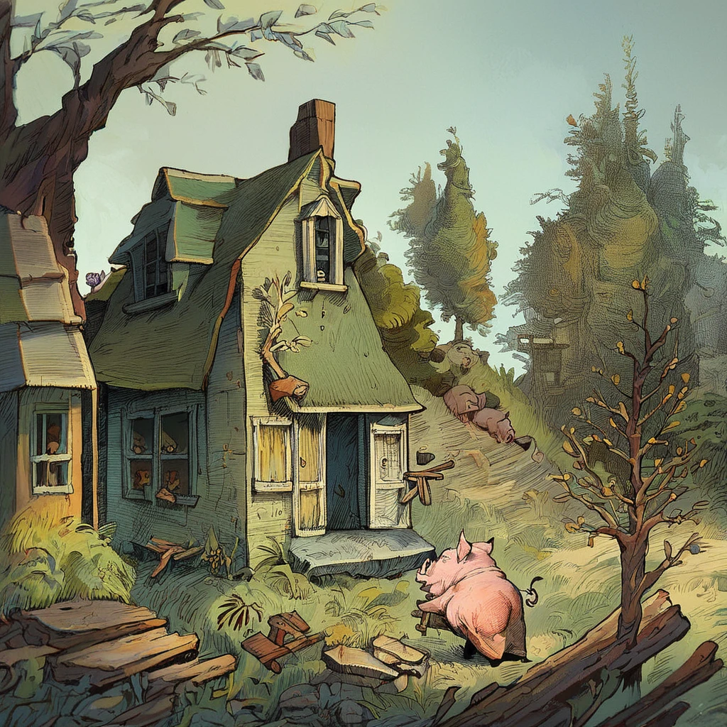 score_9, score_8_up, score_7_up, pig, wearing a dress, house, sticks, tree, by arnold lobel <lora:LobelForPony:1>