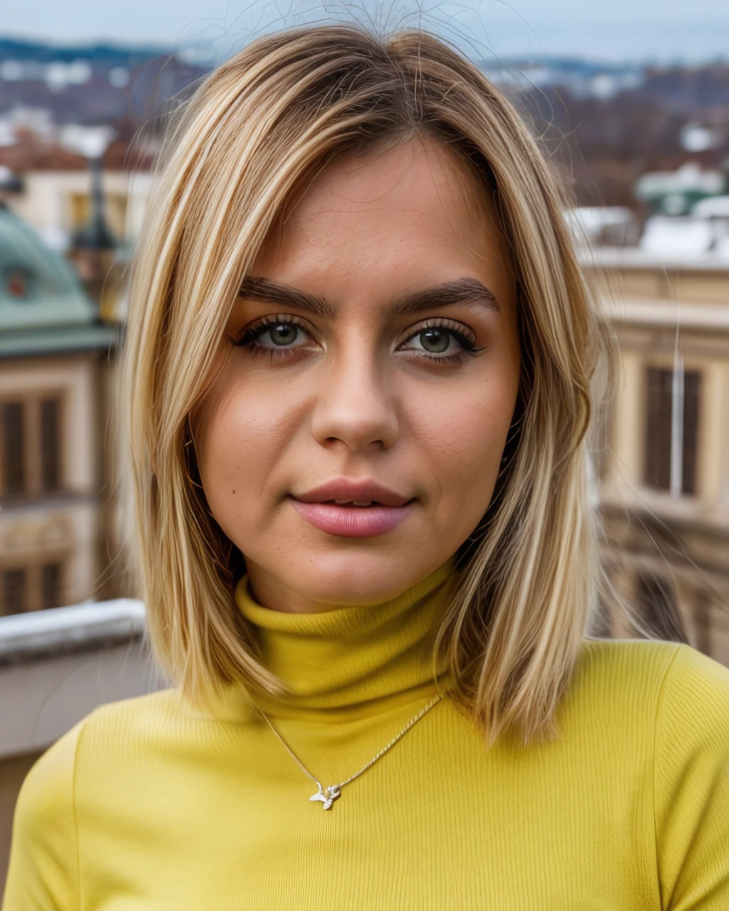 lanal, professional portrait of 1girl in a yellow turtleneck , medium hair, blonde hair, lip gloss, lips, youthful, pretty face, necklace, face details, looking at viewer, lips parted (Vienna background), sharp focus