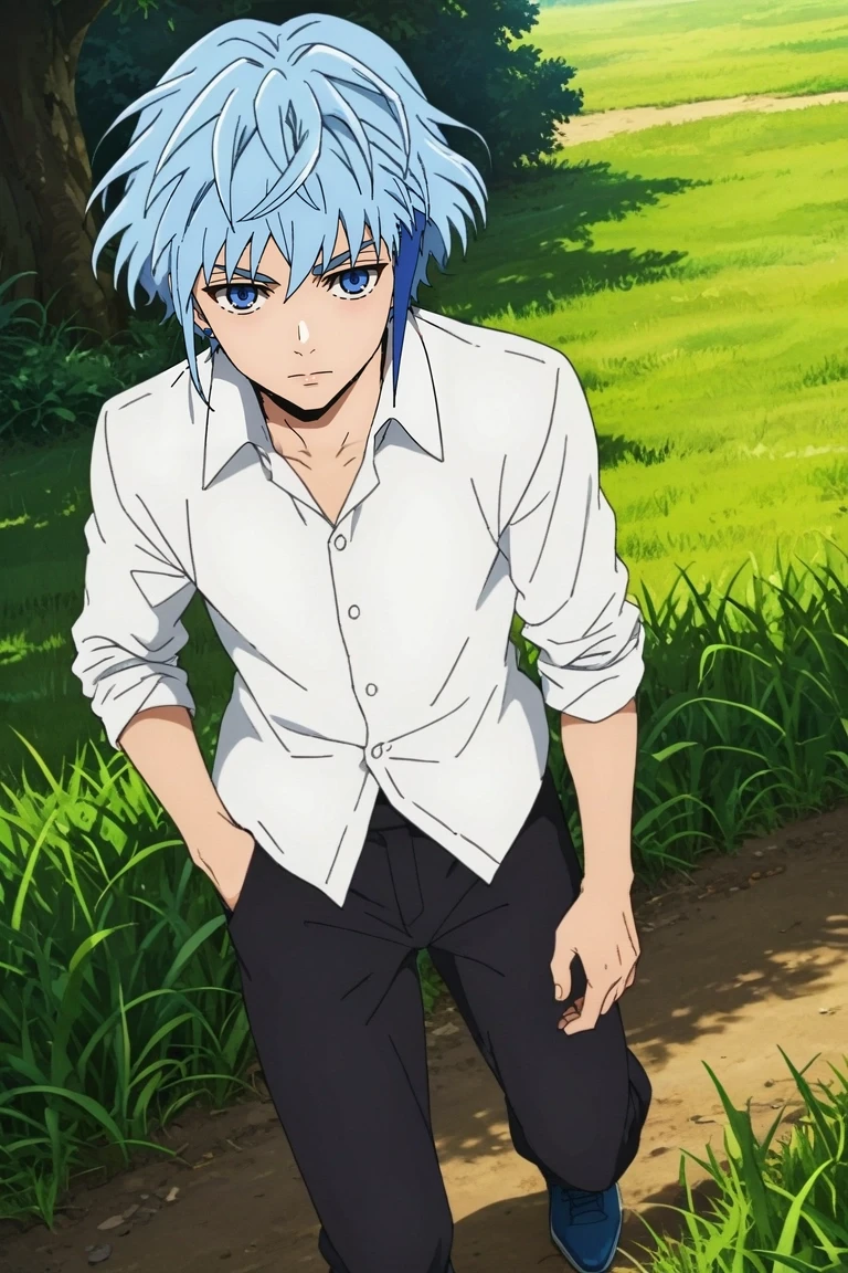 score_9, score_8_up, score_7_up, source_anime, rating_safe, intricate details, anime screencap, , , , , 1boy, solo, male focus, <lora:aguero_agnes_khun_pony:0.86>, aguero_agnes_khun, blue hair, blue eyes, short hair, multicolored hair, streaked hair, , panorama, grass, tree, indoors, standing on one leg, embarrassed, nose blush, , <lora:sdxl_lightning_8step_lora:1>