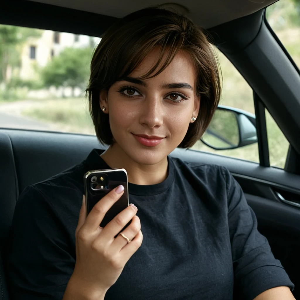 Hyperrealistic art of  <lora:detailed_notrigger:0.3>
 <lora:facial expression style v2:0.1>
 <lora:Rosa Caracciolo (Rozsa Tassi):1>
Rosa Caracciolo (Rozsa Tassi) a woman sitting in a car with a cell phone, sharp, detailed, cinematic film style, Rosa Caracciolo style, Rozsa Tassi style, 1girl, solo, looking at viewer, smile, short hair, brown hair, shirt, brown eyes, jewelry, closed mouth, earrings, lips, realistic, car, black hair, outdoors, black eyes, black shirt, motor vehicle, car interior, wrinkly, Extremely high-resolution details, photographic, realism pushed to extreme, fine texture, incredibly lifelike