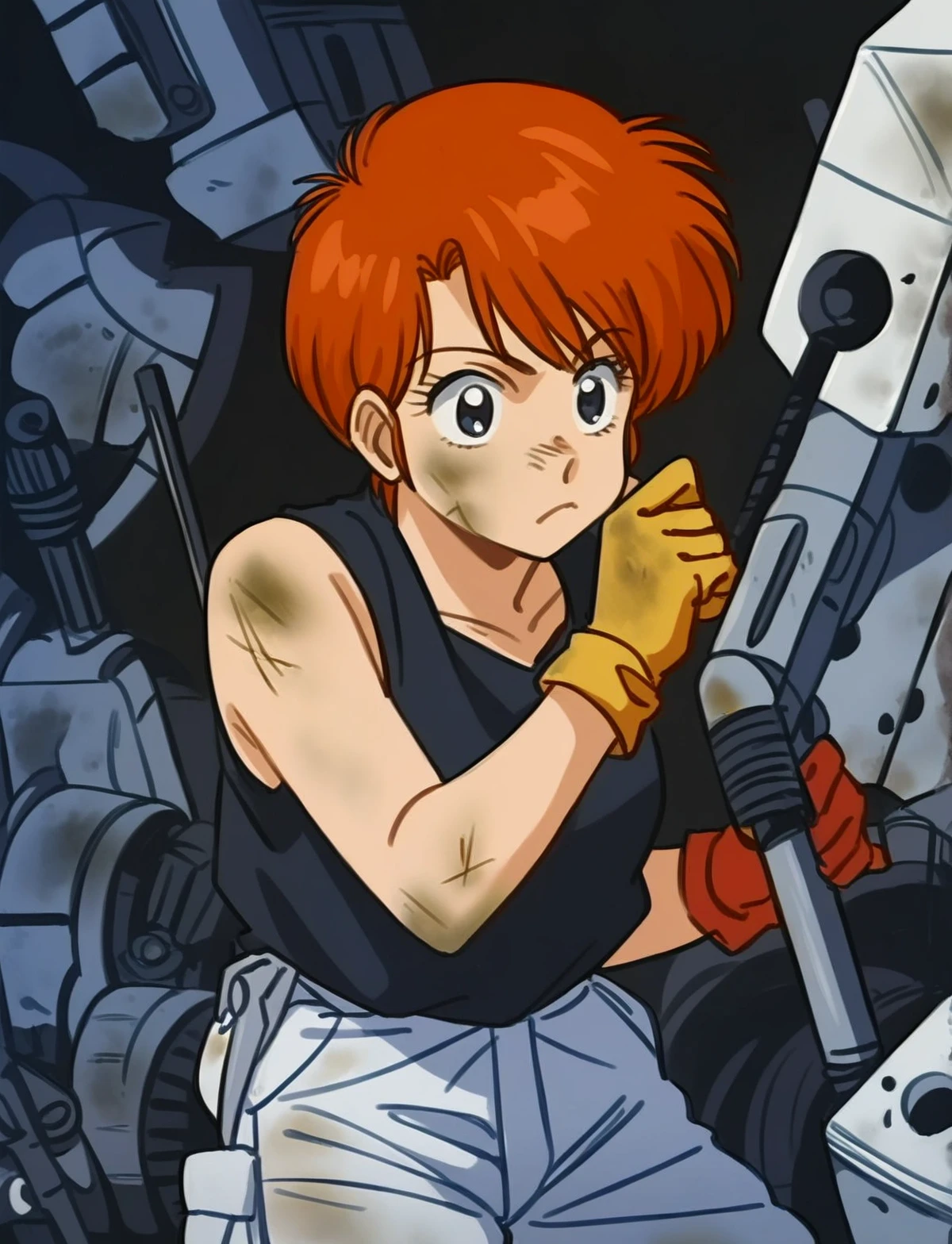 leonaozaki, source_manga, rating_safe,  score_8_up, score_7_up, 1girl,  short red hair, black tank top, yellow gloves, white cargo pants, dirty skin,  <lora:Leona_Ozaki_Dominion_Tank_Police:0.8>, upper body, working on heavy machinery