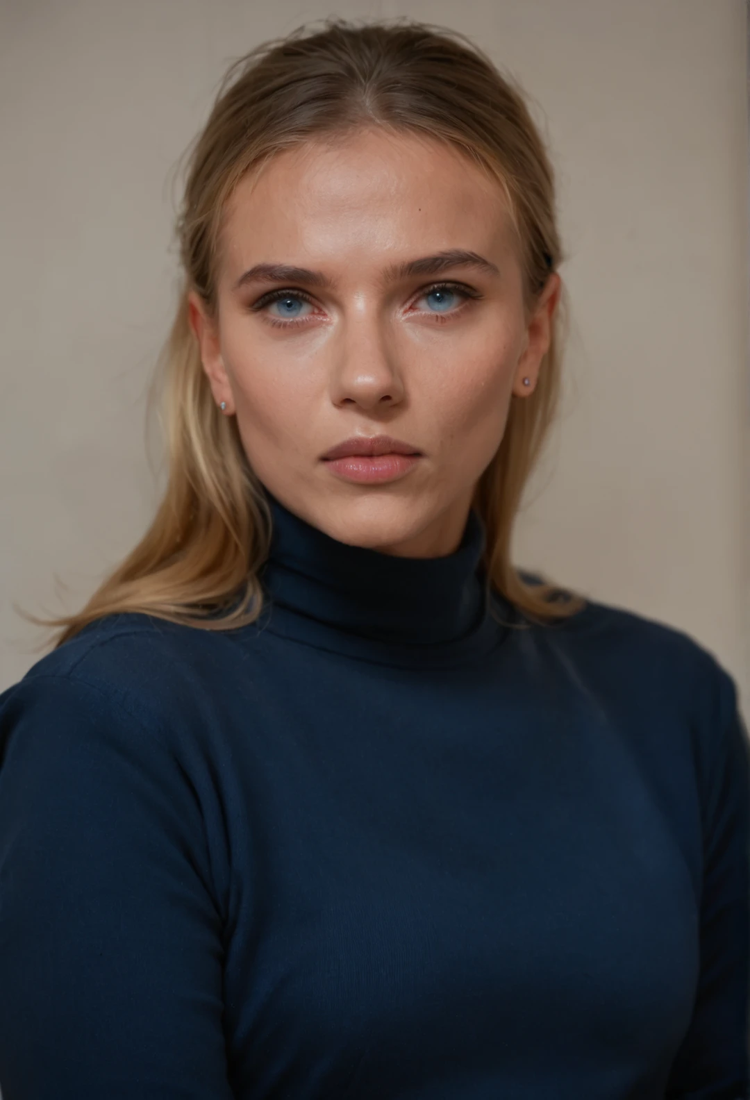 score_9, score_8_up, score_7_up, ScarlettJ, 1girl, solo, blue eyes, blonde hair, jewelry, upper body, lips, looking at the viewer, realistic, nose, blue sweater