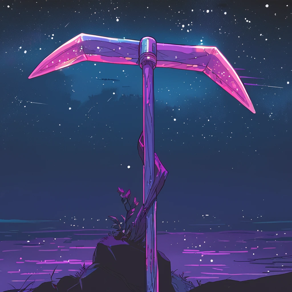 score_9,score_8_up,score_7_up, <lora:retro-neon-style:0.8>,
retro_neon, no humans, scenery, starry sky, night, night sky, outdoors, pickaxe,object focus