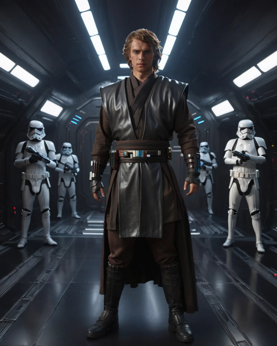 (three-quarter view1.5) (close-up1.5) shot of <lora:Anakin_Revenge_of_the_Sith:0.8> Anakin Skywalker Jedi holding lightsaber, (((dynamic action pose))), Star Wars Stormtroopers in white armor standing behind, 8k uhd, dslr, soft lighting, high quality, background of black sci-fi spaceship corridor, intricate details, masterpiece, trending on artstation, realistic, Cinematic, epic, action packed, incredibly detailed and realistic, magnificent, vignette, high budget, bokeh, moody, sharp, highly detailed, concept art, realistic hands, dynamic pose, dynamic shotfantastic location, majestic cluttered environment, 8k unity render, action shot, skin pores, detailed, detailed face, (vibrant, photorealistic, realistic, dramatic, dark, sharp focus, 8k), (weathered damaged old worn leather outfit:1.5), (intricate:1.5), (highly detailed:1.4), octane render, sharp focus, art by artgerm, (loish:0.23) , wlop ilya kuvshinov, and greg rutkowski and alphonse mucha gracias, (global illumination, studio light, volumetric light)