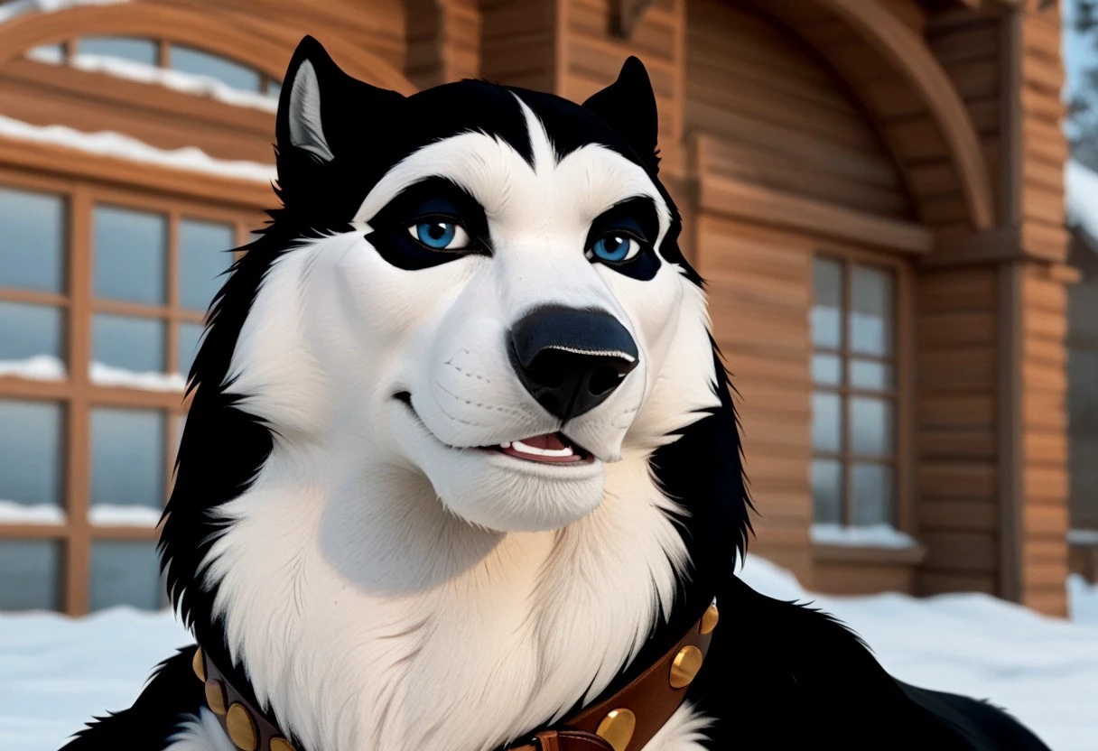 score_9, score_8_up, score_7_up, score_6_up, score_5_up, score_4_up, photorealistic, (Steele /balto/), husky, male husky, anthro male, anthropomorphic husky, furry male, smiling, grinning, looking at viewer, head shot, black and white fur, white snout, white face, black shoulders, black back, white chest, blue eyes, dark-blue eyelids, cheekbones, big collar, thick collar, studded collar, brown collar, leather collar, giant muscles, big muscles, broad shoulders, thick neck, brass buckle, flexing arm, 1boi, solo