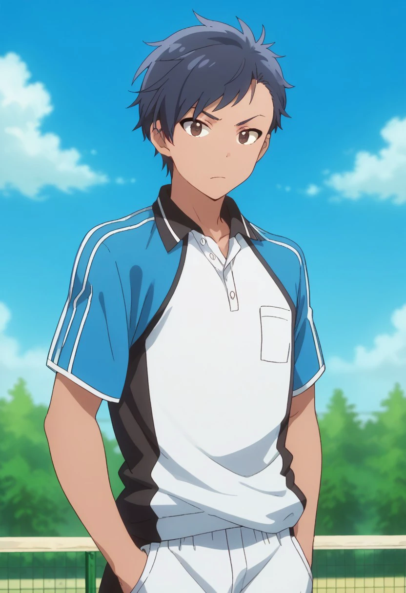 score_9, score_8_up, score_7_up, source_anime, highly detailed, 
tsubasa, 1boy, solo, male focus, upper body, hand in pocket, shorts, sportswear, 
dark skin, blue hair, looking at viewer, standing, brown eyes, socks, tennis uniform, raglan sleeves, blue shirt, white shirt,
outdoor, sky, blue sky,