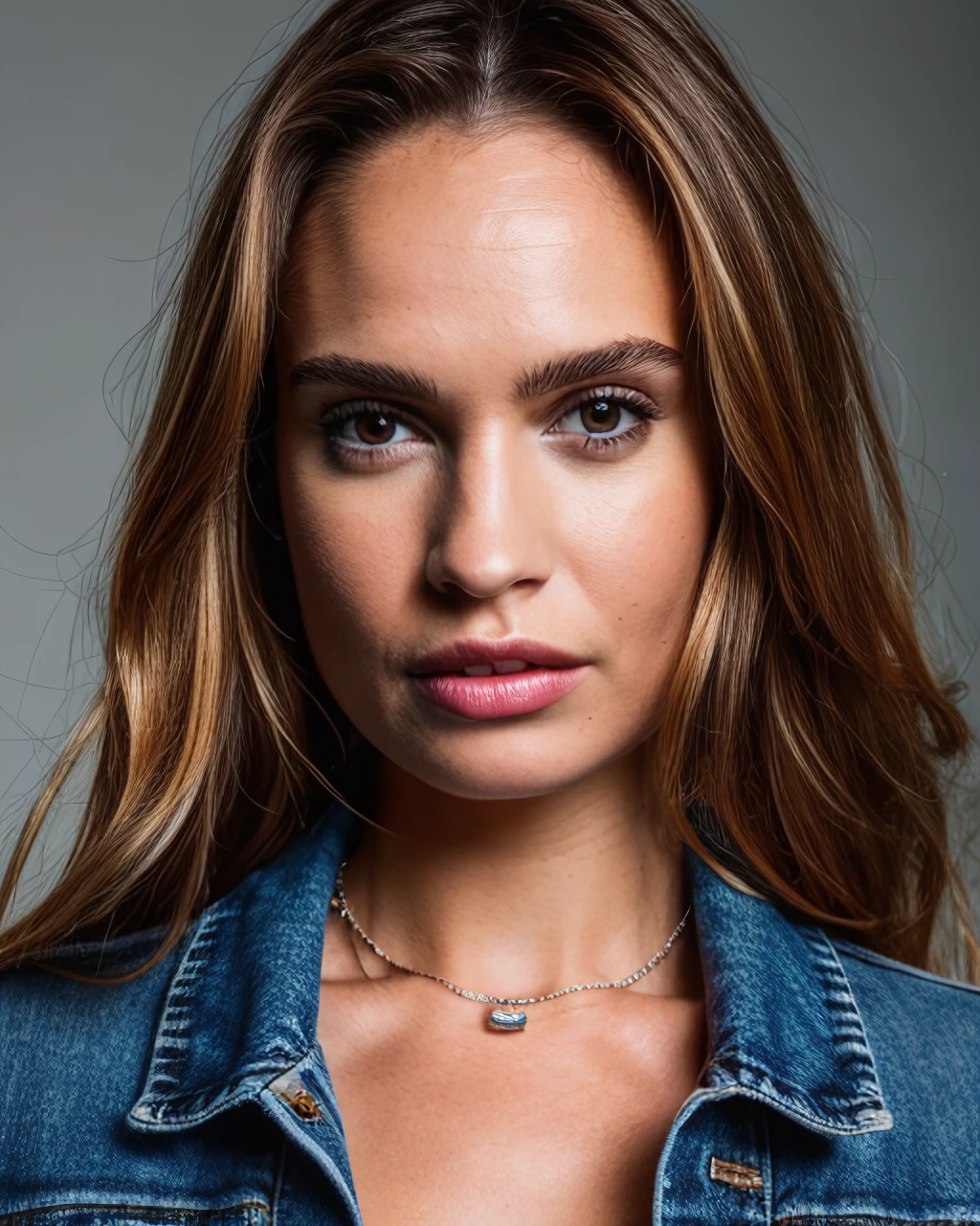 professional portrait of 1girl in a denim jacket, lip gloss, lips, youthful, pretty face, necklace, face details, looking at viewer, lips parted (Vienna abackground), sharp focus