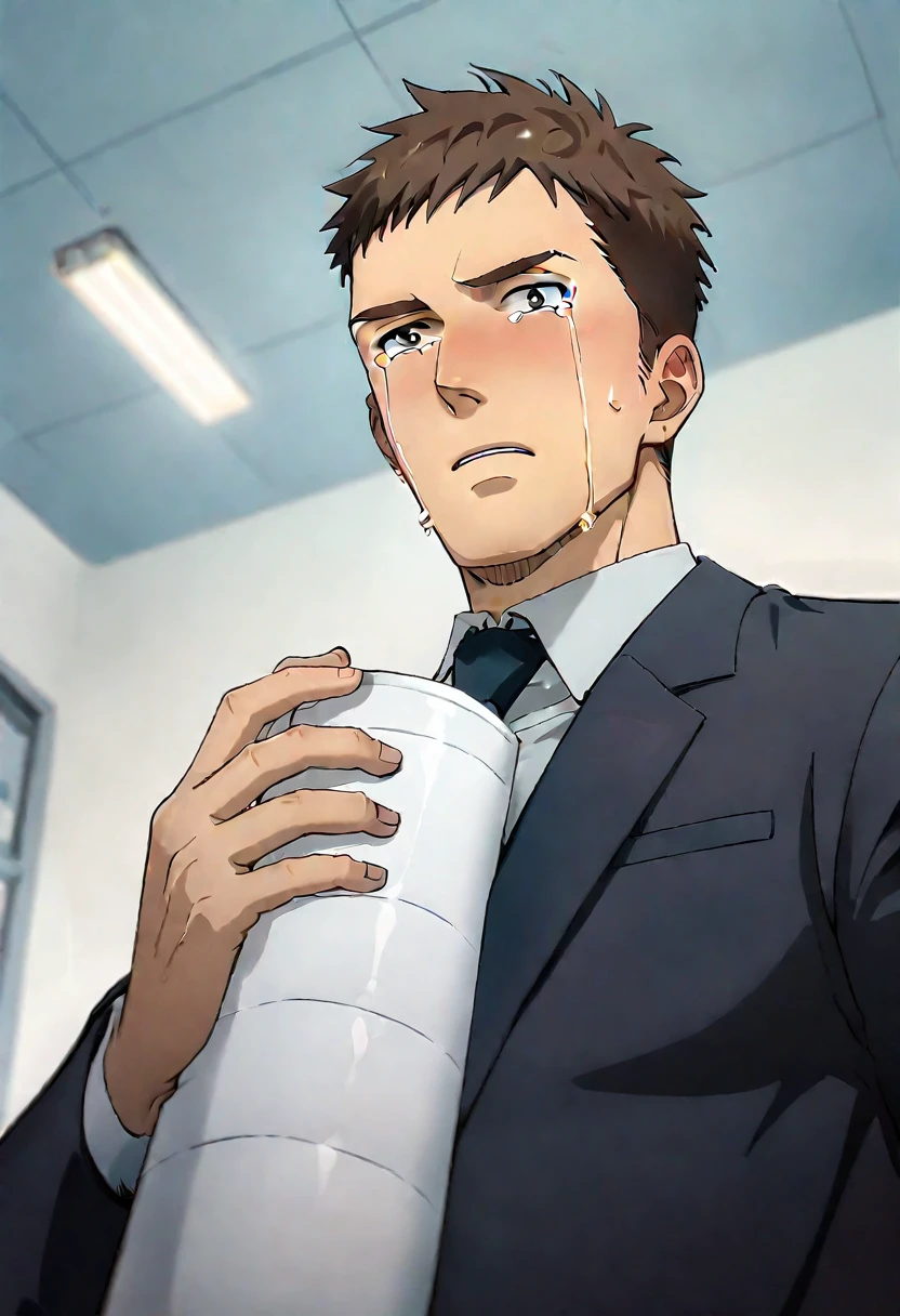 (score_9, score_8_up, score_7_up), ((source anime, best quality, best aesthetic, perfect anatomy, Gold Ratio, Art Composition, zPDXLxxx)), 1boy, doumeki, male_focus, handsome detailed face, black eyes, collared shirt, blazer, necktie, solo, modern office, portrait, (((Fearful, bright, worm’s eye view, Stare, Crying, object hug))), <lora:aesthetic_anime_v1s:1>, <lora:Smooth Anime 2 Style SDXL_LoRA_Pony Diffusion V6 XL:1>, <lora:Doumeki:0.8>