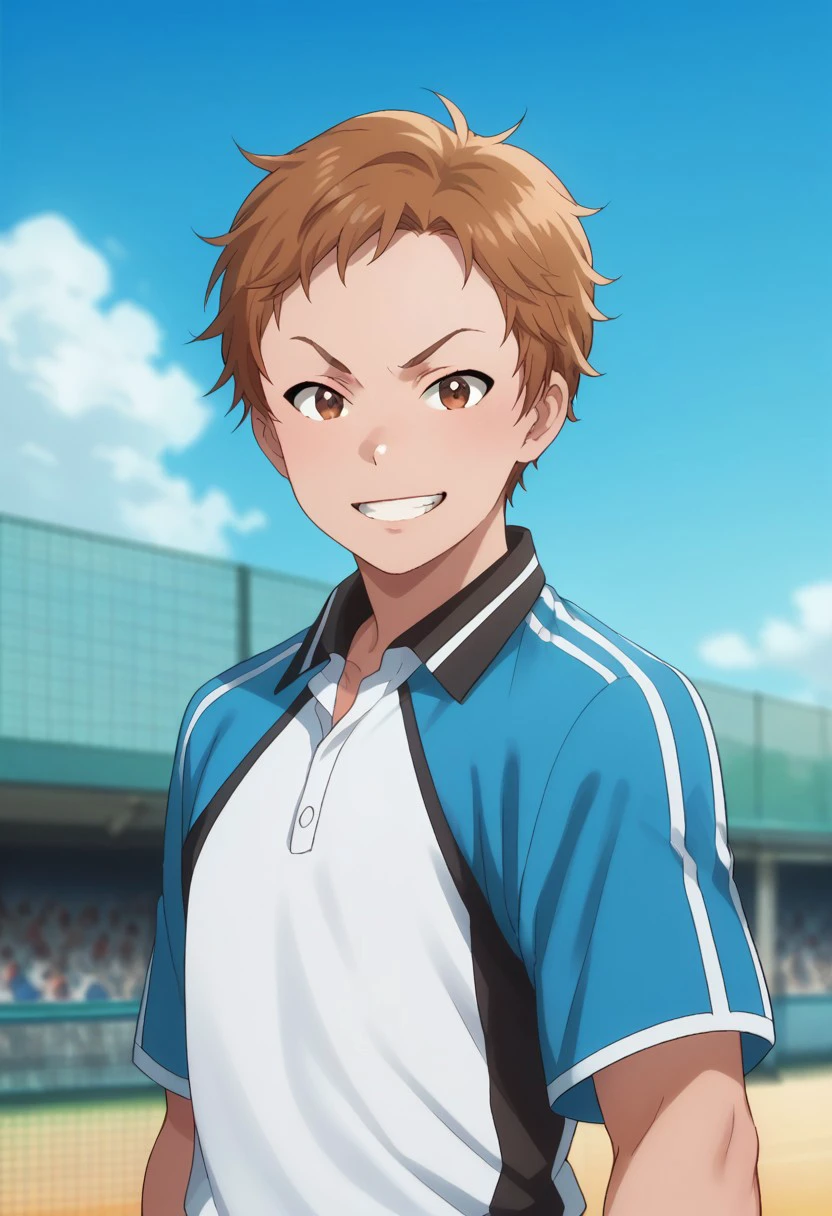 score_9, score_8_up, score_7_up, source_anime, highly detailed, 
shingo, 1boy, male focus, solo, sportswear, upper body, shorts, brown hair, looking at viewer, white shorts, brown eyes, standing, tennis uniform,
raglan sleeves, blue shirt, white shirt, smile, grin
outdoor, sky, blue sky,