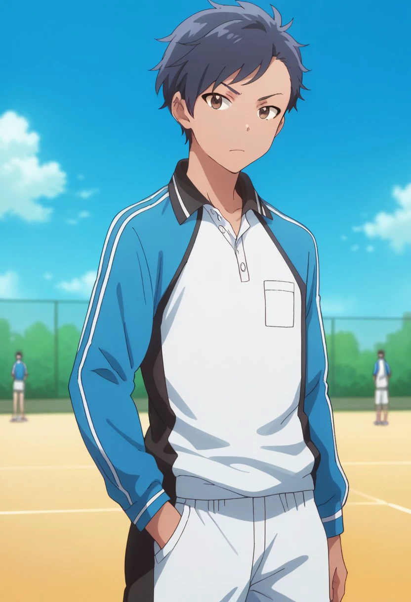 score_9, score_8_up, score_7_up, source_anime, highly detailed, 
tsubasa, 1boy, solo, male focus, upper body, hand in pocket, shorts, sportswear, 
dark skin, blue hair, looking at viewer, standing, brown eyes, socks, tennis uniform, raglan sleeves, blue shirt, white shirt,
outdoor, sky, blue sky,