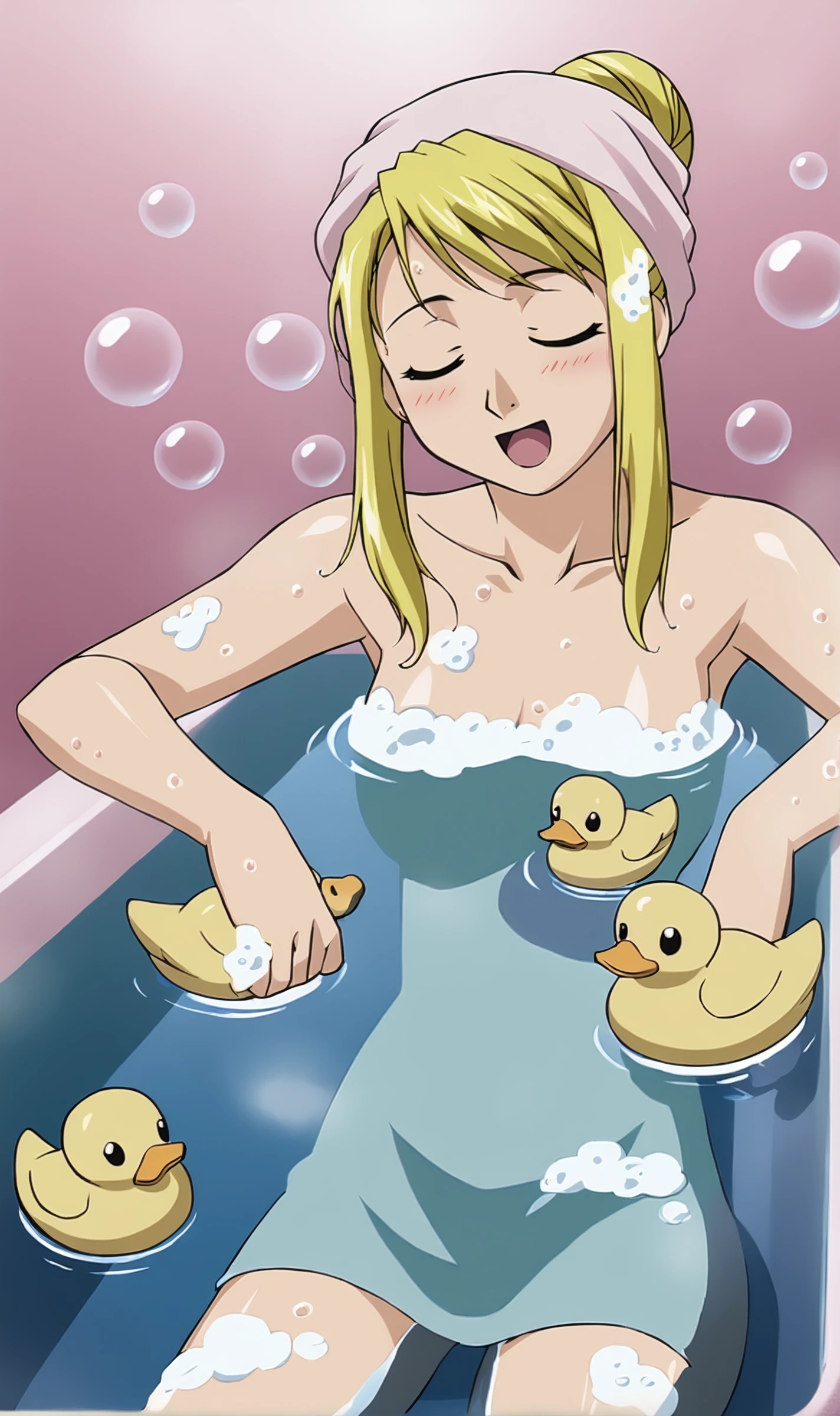 WR, 1girl, solo, blonde, closed eyes, :d, hair updo, hair bun, towel on head, submerged in water, wet, soaked, blushing, steam, bubbles, bubbles floating, bathing, bath, tub, rubber ducks, bubble bath, soap suds, leaning back, head tilt up, open mouth happy, relaxed, colorful background, <lora:Winry Rockbell Pony XL:0.7>