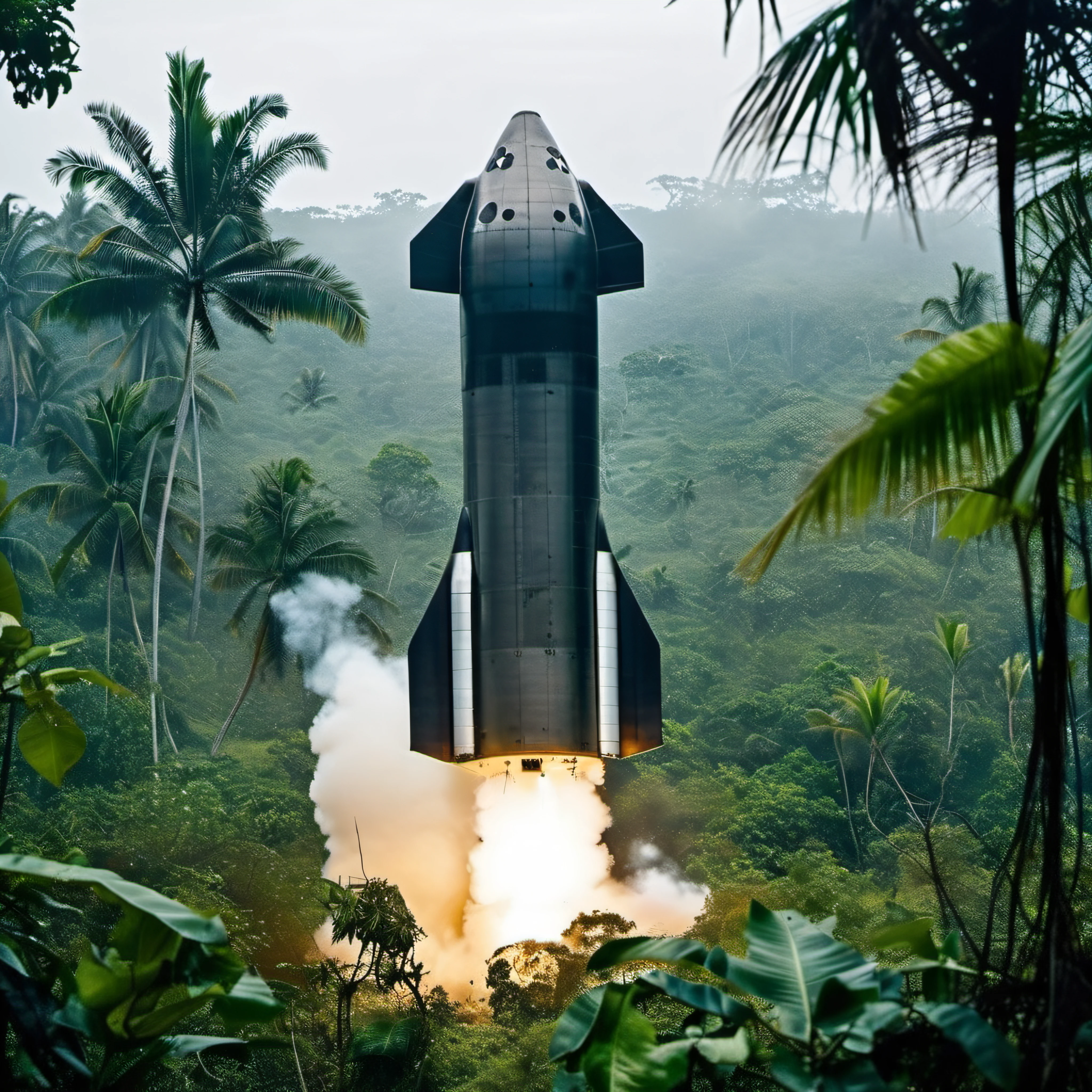 1starship landing in a dense jungle, engines on, photograph, flaps open