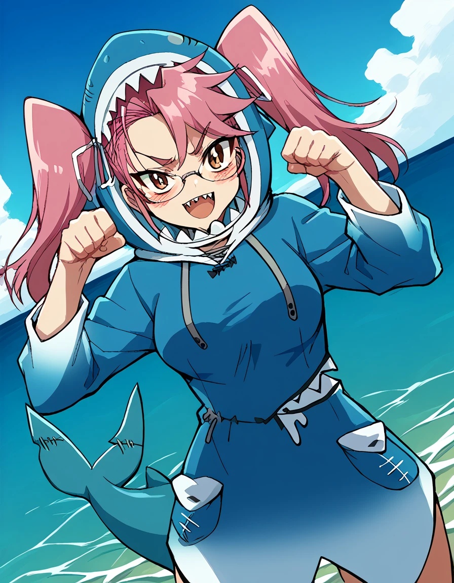 score_9, score_8_up, score_7_up, source_anime, sayatakagi, <lora:saya-takagi-ponyxl-lora-nochekaiser:1>, saya takagi, long hair, ribbon, twintails, brown eyes, hair ribbon, pink hair, glasses, large breasts,, <lora:gawr-gura-cosplay-ponyxl-lora-nochekaiser:1>, gawrguracosplay, gawr gura \(cosplay\), shark hood, shark costume, blue hoodie, shark tail, animal hood, fish tail,, outdoors, ocean, water, submerged, smile, blush, <lora:paw-pose-ponyxl-lora-nochekaiser:1>, paw pose, open mouth, fangs, sharp teeth,, cowboy shot, dutch angle, solo,