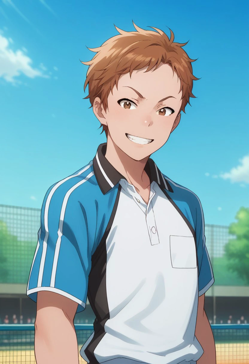 score_9, score_8_up, score_7_up, source_anime, highly detailed, 
shingo, 1boy, male focus, solo, sportswear, upper body, shorts, brown hair, looking at viewer, white shorts, brown eyes, standing, tennis uniform,
raglan sleeves, blue shirt, white shirt, smile, grin
outdoor, sky, blue sky,