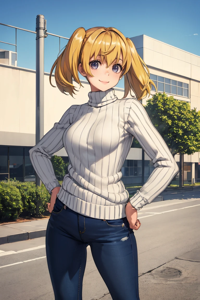 masterpiece, best quality, absurdres, 1girl, solo, MitsubaSanguu, short hair, twintails, outdoors, sweater, ribbed sweater, jeans, hands on hips, smile, <lora:CHAR-MitsubaSanguu:1>