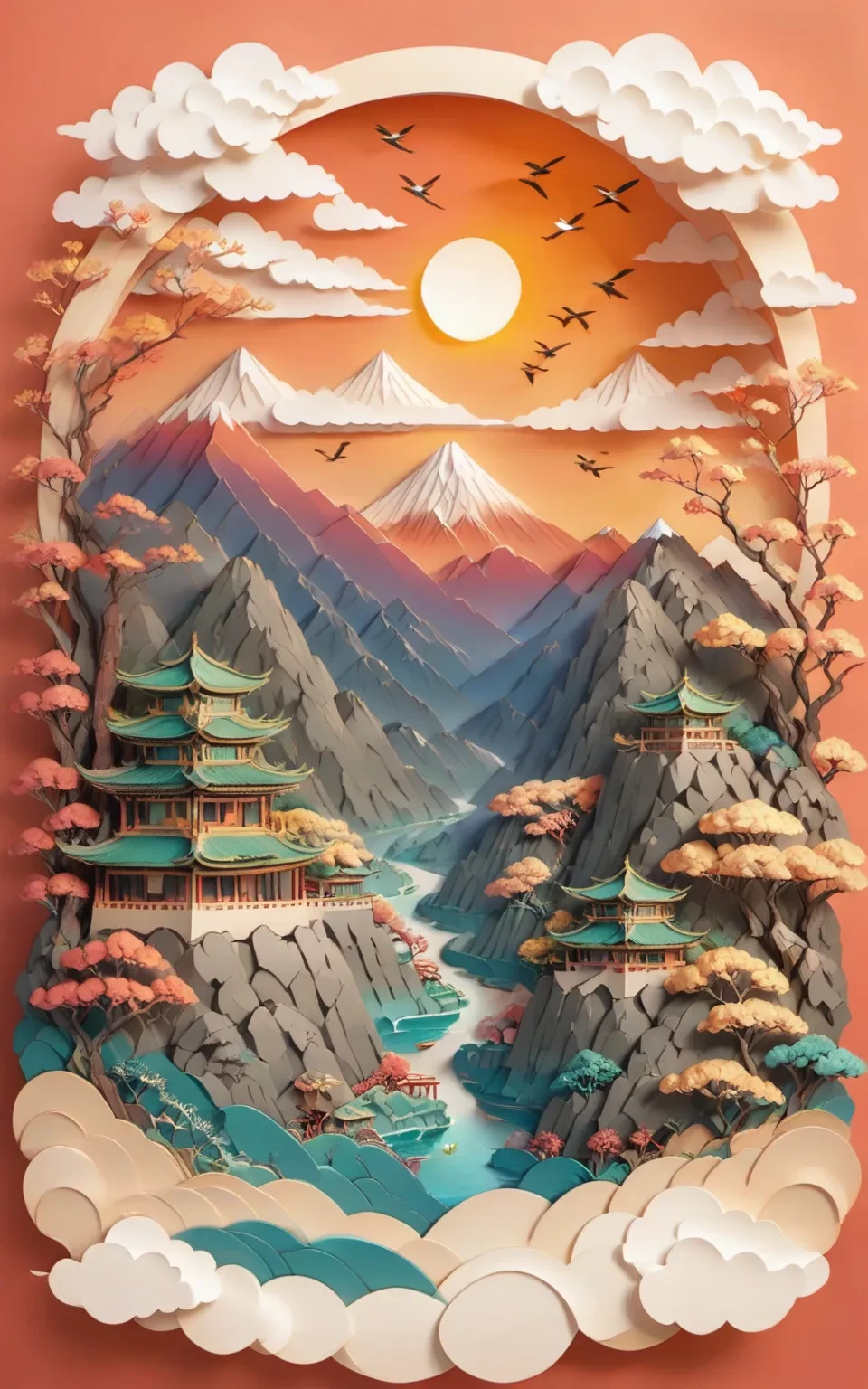 jzys, mountain, no humans, mount fuji, bird, cloud, volcano, tree, sky, sun, outdoors, pine tree, day, smoke, lava, eagle, nature, red sky, landscape, cliff, watermark, web address, volcanic ash, scenery, bamboo, eastern dragon, crane \(animal\), fire, dragon, flying, spire, water
 <lora:jzys:1>