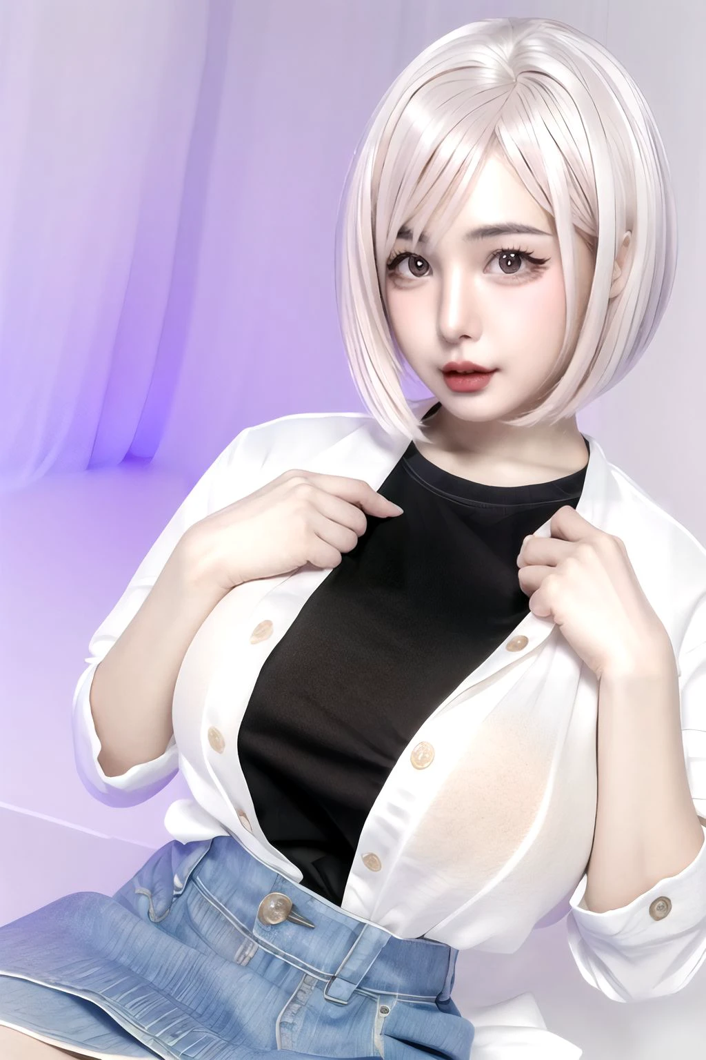 1girl, solo, large breasts, looking at viewer, realistic, photorealistic, short hairs, lips, hyper detailed, super sharp, crisp, smooth, smooth gradients, depth of field, (in studio: 1.1), (white background: 1.1), <lora:channekocosplay:1>, <lora:breastsizeslideroffset:-0.2>, <lora:add_detail_v5:1>, work shirt, skirt, (sfw: 1.1), coat