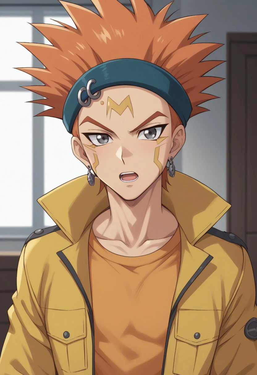 score_9, score_8_up, score_7_up, source_anime, highly detailed, 
crw_5d, male focus, 1boy, solo, jacket, grey eyes, shirt, headband, jewelry, earrings,
yellow shirt, orange hair, upper body, spiked hair, open mouth, yellow jacket,
open clothes, open jacket, indoors, collarbone,