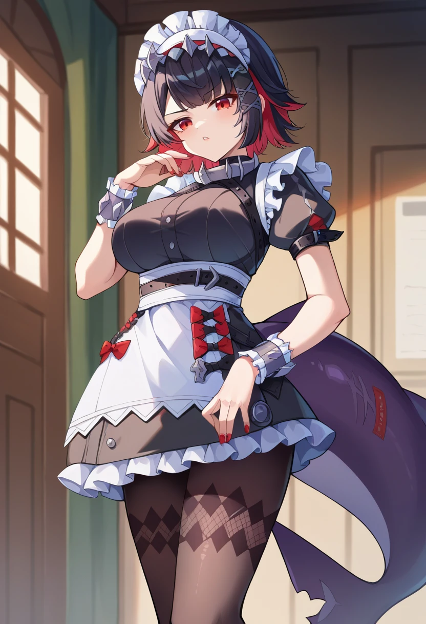 score_9, score_8_up, score_7_up, source_anime BREAK 1girl, solo, standing, 
<lora:wrenchzzzellenjoe:1>, ellenjoe, red eyes, black hair, red hair, multicolored hair, short hair, bangs, x hair ornament, large breasts, 
maid headdress, maid, puffy short sleeves, wrist cuffs, maid apron, frills, pantyhose, black dress, choker, red nails, 
tail, shark tail, 
looking at viewer,