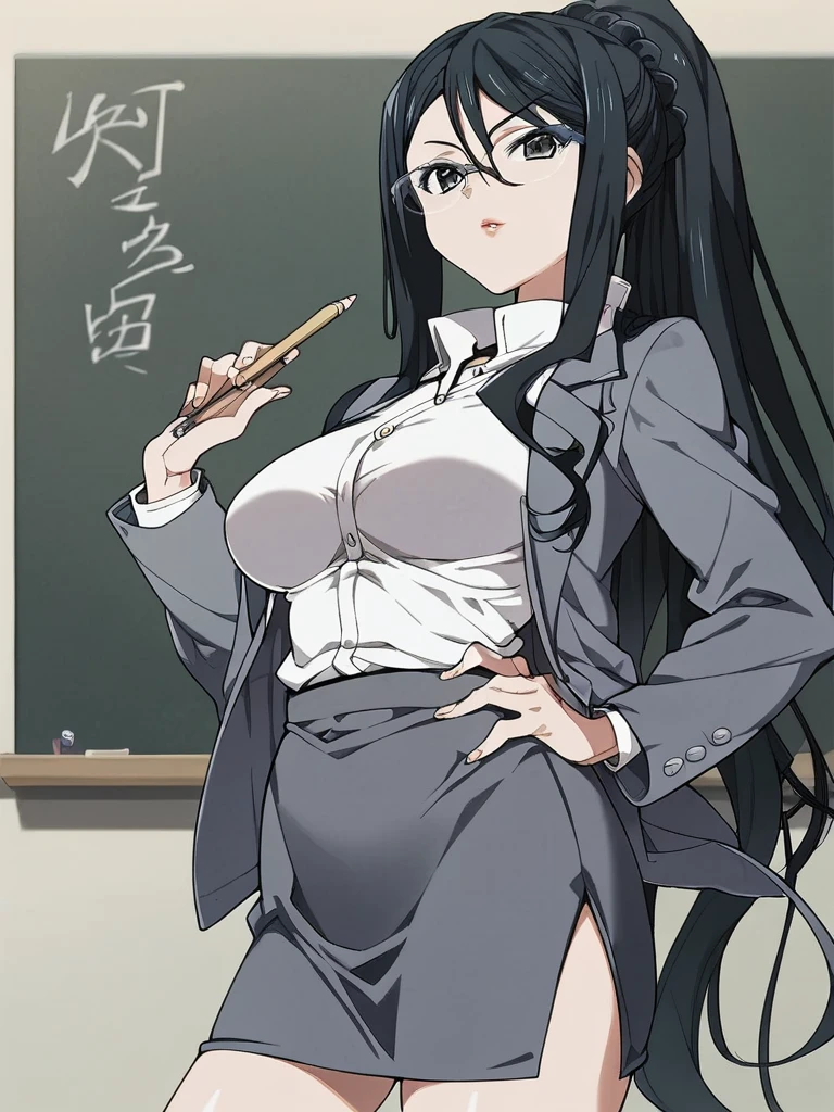 score_9, score_8_up, score_7_up, 
1girl, aoi natsuki, black hair, long hair, long ponytail, black eyes, glasses,

standing, looking at viewer, teacher, grey jacket, white shirt, grey skirt, pencil skirt, classroom, chalkboard, hand on hip,
