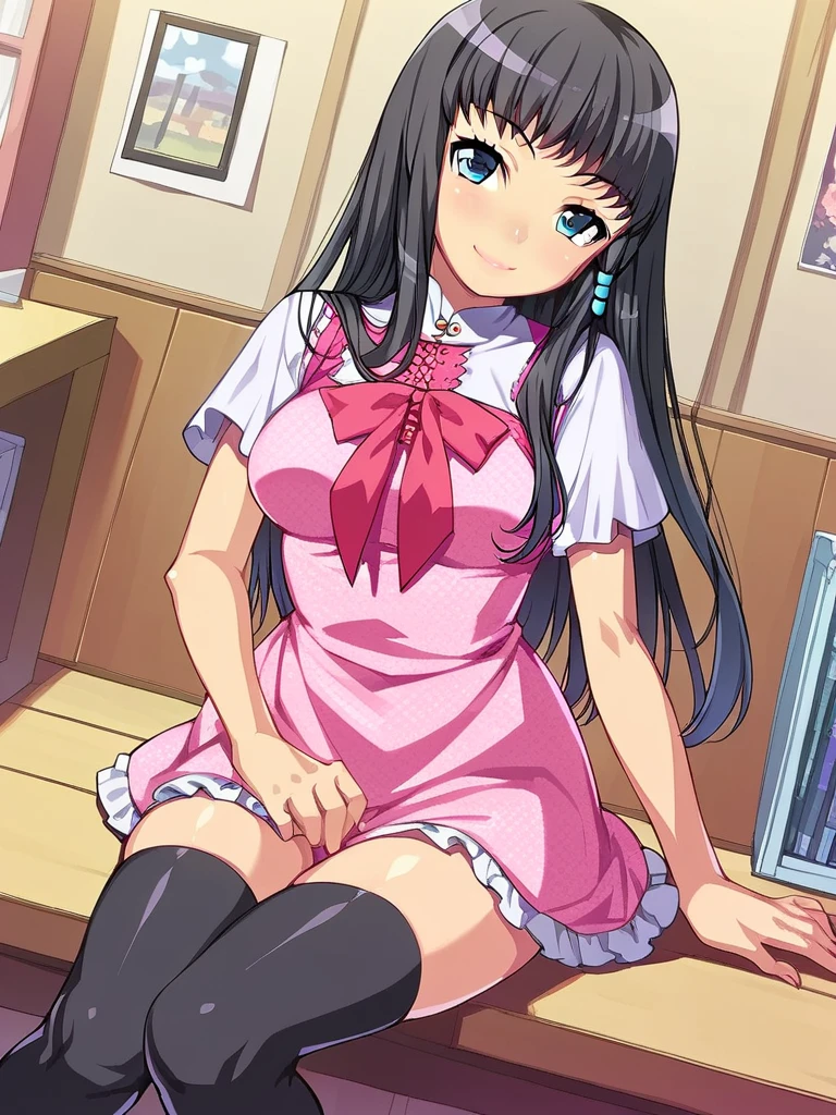 score_9, score_8_up, score_7_up, 
1girl, himeno kisara, black hair, long hair, blue eyes, hair ornament,


smile, looking at viewer, pink dress, short dress, short sleeves, thighhighs, sitting, indoors, solo,

