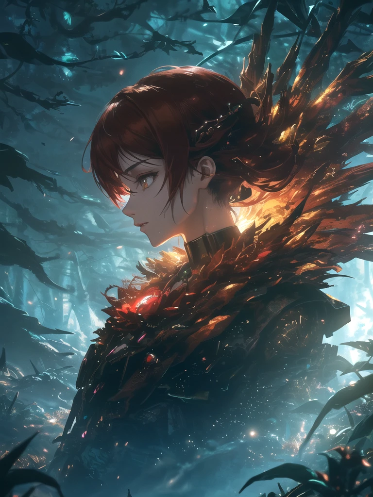 dramatic anime opening scene, cyborg female, cyberpunk style, sci-fi, side view, in motion, slow motion, gracefully, gorgeous, dark feel, beauty in the middle of a dark magical forest, (empty and desolate feel:0.1), proud girl, (brown eyes:1.05), (red necklace:1.12), (colorful, happy, satisfied:0.9), (lush nature:0.3)
