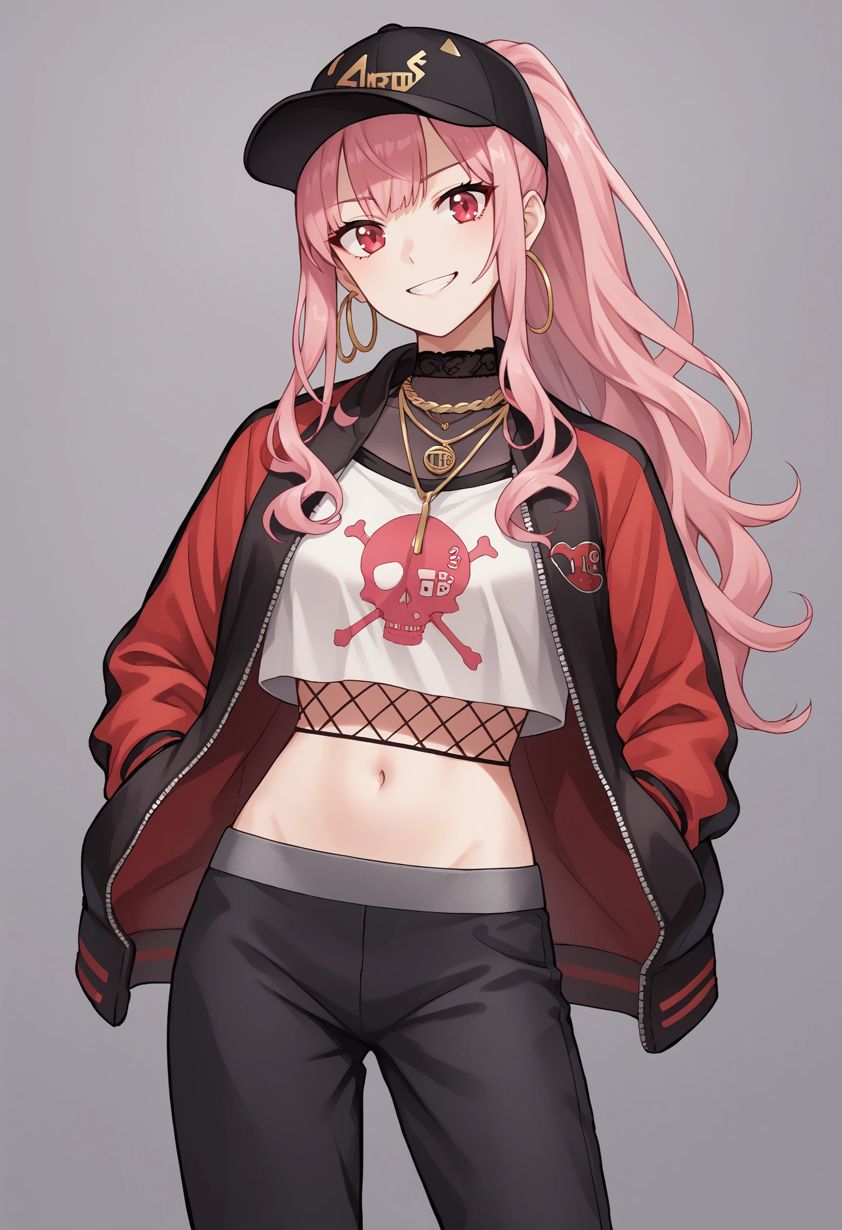 score_9, score_8_up, score_7_up, source_anime, morapper, pink eyes, red eyes, bangs, sidelocks, pink hair, long hair, ponytail, baseball cap, black headwear, earrings, hoop earrings, necklace, skull and crossbones, shirt, white shirt, jacket, red jacket, black jacket, fishnets, navel, midriff, pants, black pants, nail polish, red nails, cowboy shot, smile<lora:MoriCalliopePonyXLv6-13:1>