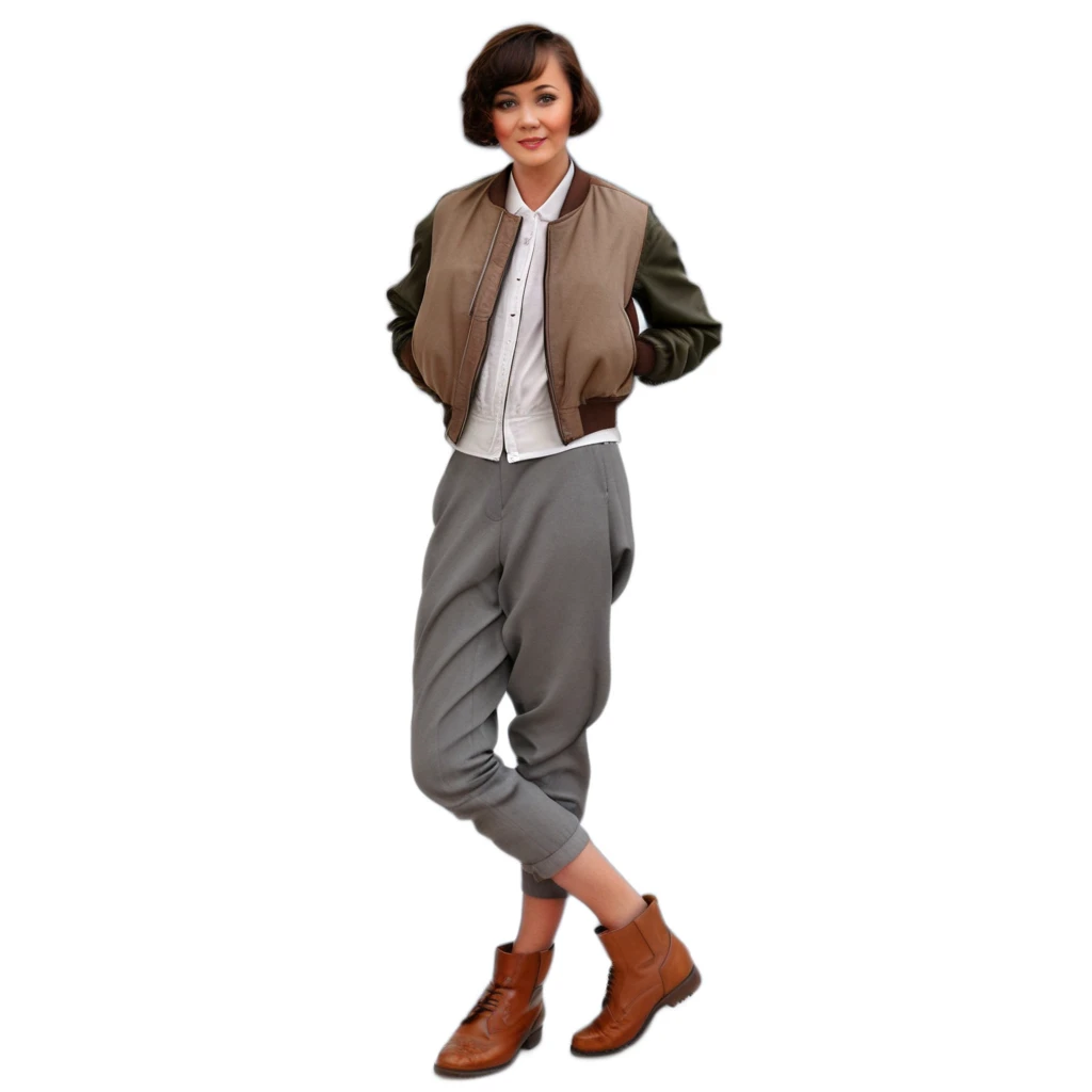 vest, short hair, shirt, brown footwear, holding, grey shirt, bomber jacket, white shirt, ass, monochrome, long sleeves