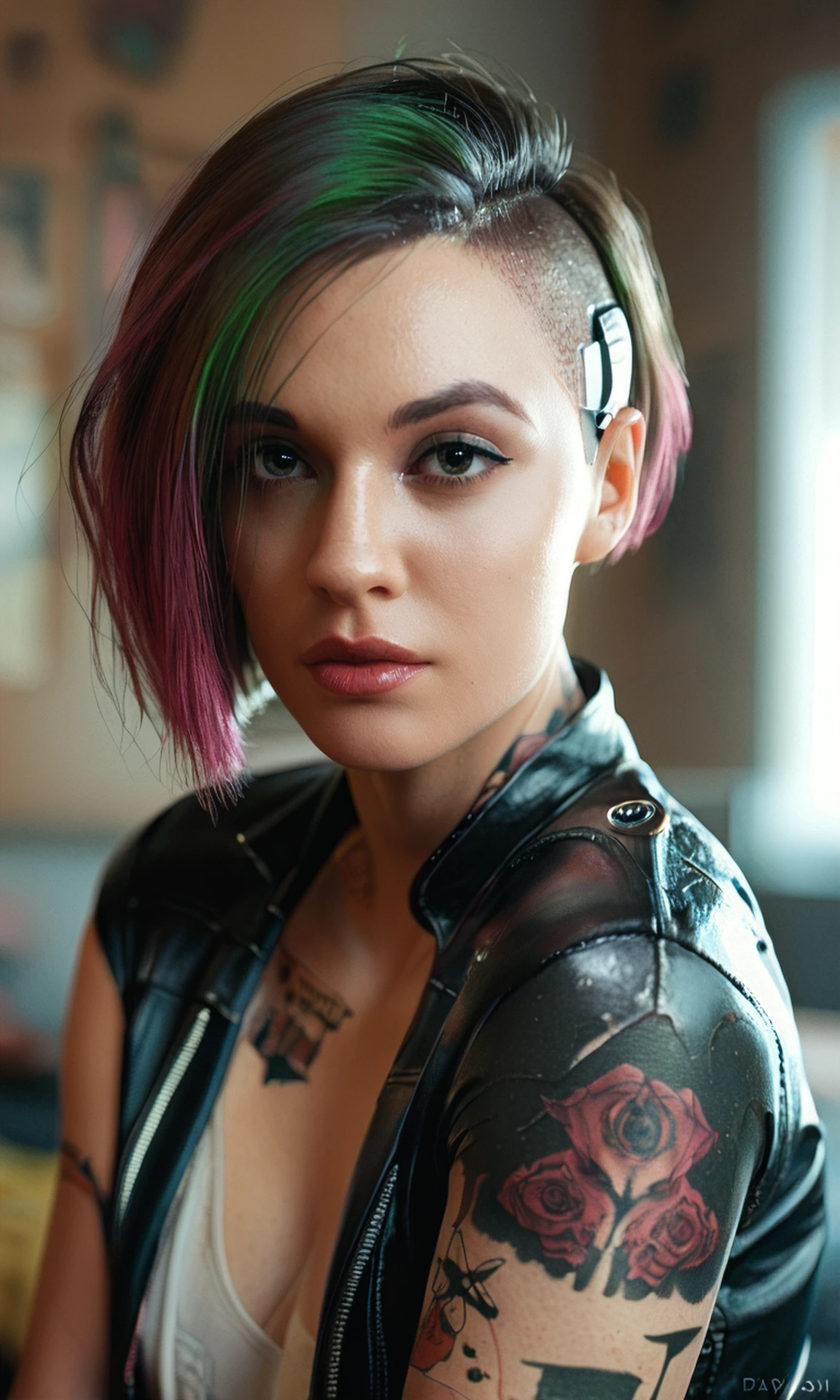 score_9, score_8_up, score_7_up, BREAK, zy_judy, 1girl, tattoo, short hair, multicolored hair, futuristic, wearing leather jacket, bedroom, portrait, realistic, photo, real hair, detailed skin, highly detailed, detailed skin, depth of field, film grain, <lora:zy_Judy_Alvarez_PonyRealism_v1:.7>
