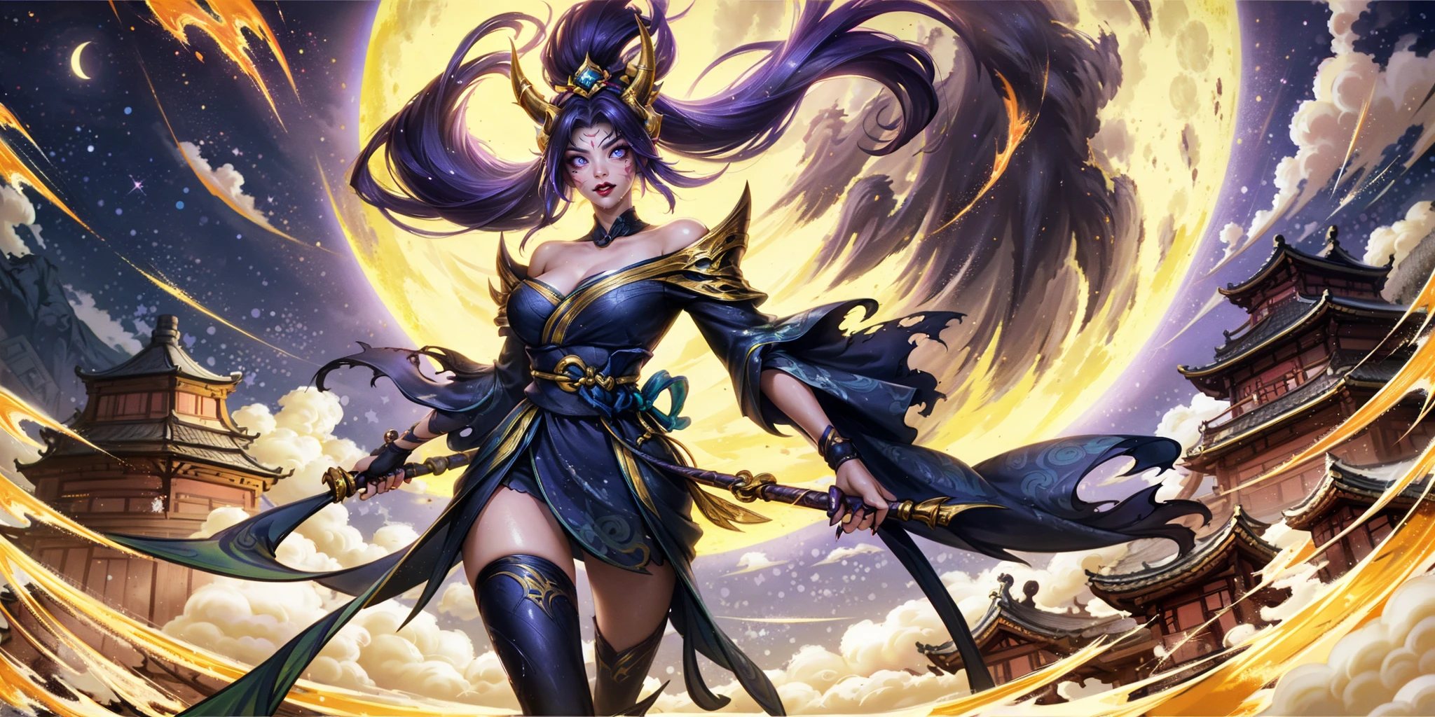hezi,lol style,Splash art,Cool,game art,Game art,LOL propaganda poster texture,1girl,long hair,glowing,glowing eyes,thighhighs,night,mask,moon,blue eyes,official alternate costume,horns,fingernails,breasts,nail polish,japanese clothes,black hair,sharp fingernails,outdoors,sky,night sky,smile,kimono,hair ornament,armor,alternate costume,bangs,makeup,shiny,cleavage,weapon,looking at viewer,bare shoulders,long fingernails,solo focus,architecture,building,magic,black nails,red lips,closed mouth,glowing weapon,east asian architecture,red nails,teeth,medium breasts,solo,ponytail,black thighhighs,rope,moonlight,lipstick,cloud,clothing cutout,purple hair,floating hair,large breasts,shiny hair,sash,short kimono,parted lips,cloudy sky,sword,thighs,shiny skin,aura,full moon,purple eyes,shoulder armor,running,facial mark,lips,colored skin,1boy,holding,orb,gloves,oni,rooftop,fake horns,horned headwear,glowing eye,parted bangs,bandages,torn clothes,sickle,pink lips,battle,beads,obi,collarbone,crescent moon,helmet,holding weapon,