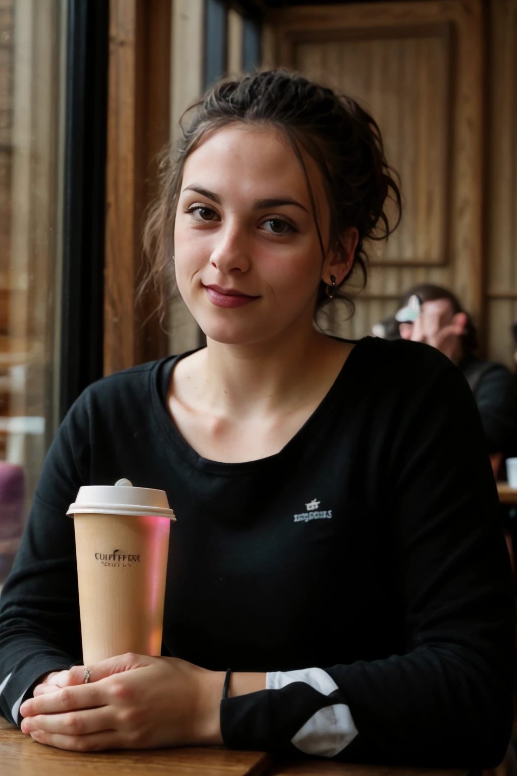 <lora:Christina:0.8>, full color portrait of a young woman, having coffee in a vintage cafe, natural light, RAW photo, subject, 8k uhd, dslr, soft lighting, high quality, film grain, Fujifilm XT3