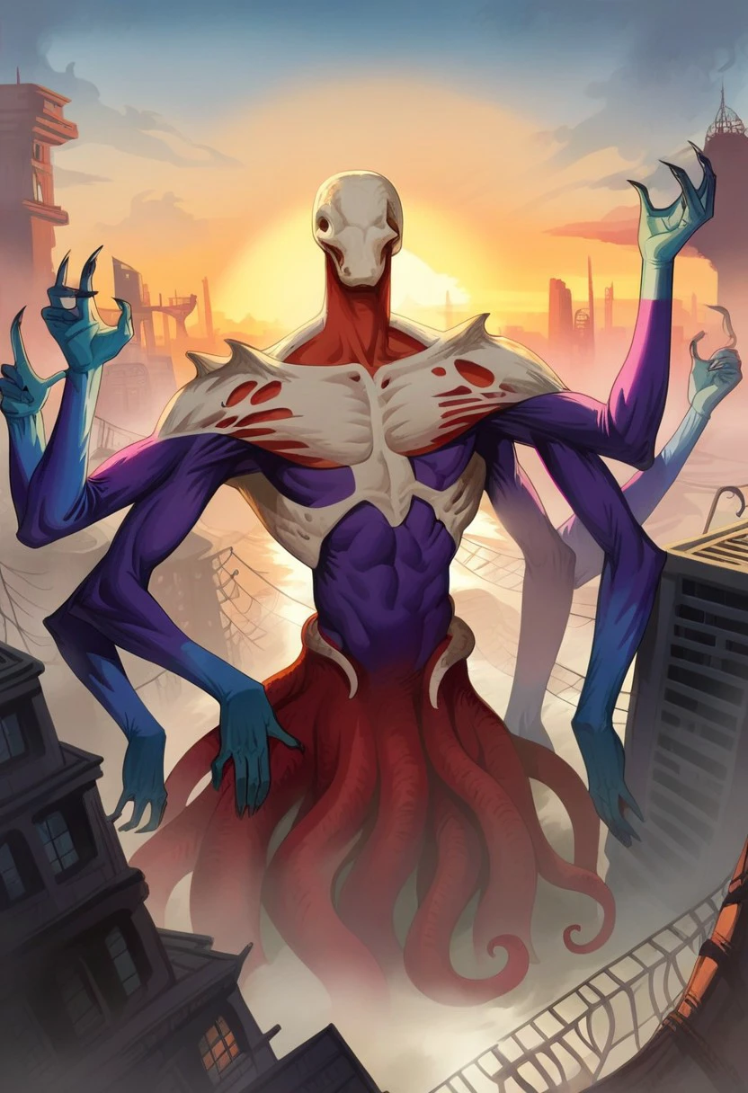 eldrazi, ulamog, extra arms, tentacles, faceless, score_9, score_8_up, score_7_up, rating_safe, high angle, cityspace, sunset, fog, overcast, solo, giant