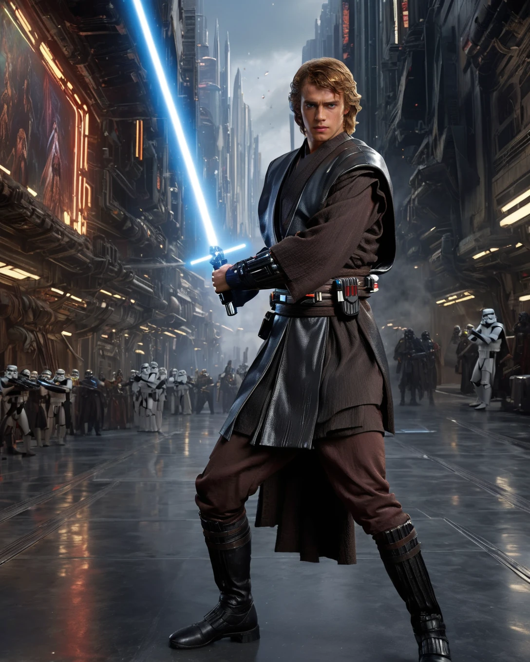 <lora:Anakin_Revenge_of_the_Sith:0.8> Anakin Skywalker Jedi, holding lightsaber with <lora:Perfect-Hands-v2:0.1> Perfect Hands and wearing RTS clothing, exhibits acrobatic prowess on the star wars planet Coruscant, (((fighting against stormtroopers))), pose inspired by Boris Vallejo, brushwork echoing Carne Griffiths, and color palette reminiscent of Wadim Kashin, set under studio lighting, captured with a 5d camera, in HDR, 8k resolution, with a hyperdetailed Coruscant landscape providing a stark backdrop, sharp focus, infused with a graphic novel aesthetic, cinematic