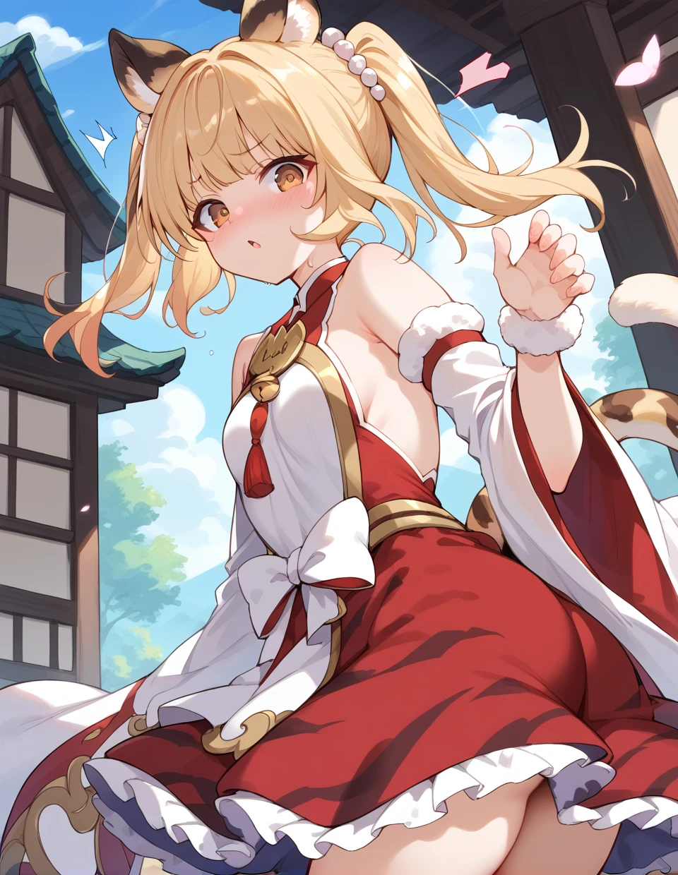 1girl,solo,<lora:bai and huang_pony:1>,bai and huang,brown eyes,
animal ears,blonde hair,small breasts,
dress,bare shoulders,wide sleeves,sleeveless,red skirt,frills,
ass focus,blush,surprise,, score_9,score_8_up,score_7_up,score_6_up,score_5_up,score_4_up,