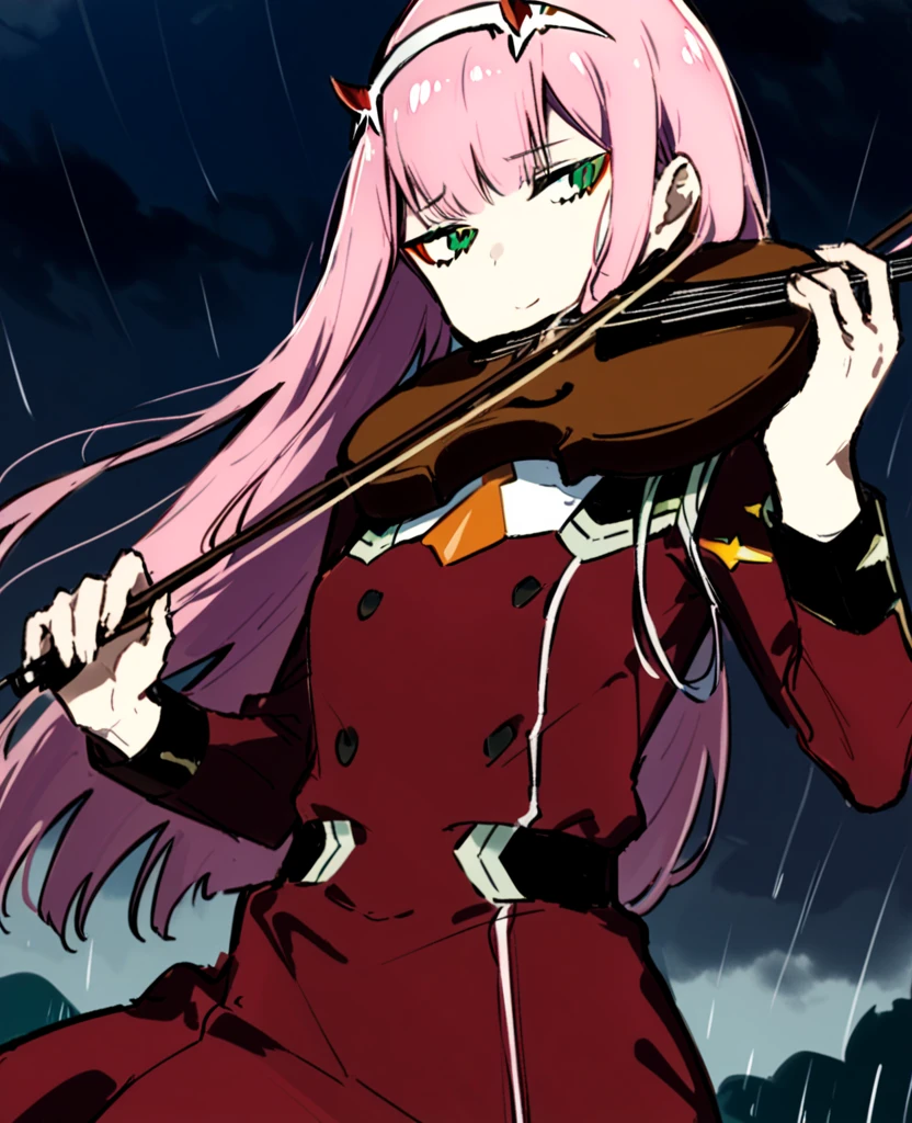 <lora:xtq:0.7>,violin,instrument,playing instrument,holding,bow \(music\),holding instrument,<lora:Vincent_Sketch_Manga:1>,daiton,<lora:zerotwo:1>,zero_two_(darling_in_the_franxx\),pink_hair,horns,hairband,white_hairband,green_eyes,bangs,uniform,shiny_hair,military_uniform,orange_necktie,rain,dark clouds,, masterpiece,best quality,very aesthetic,absurdres,8k,<lora:ä¿®æsl:1>,