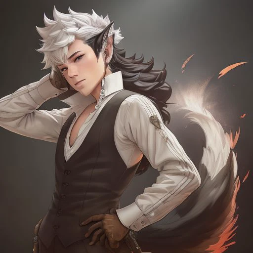 <lora:keaton:0.6> keaton, fire emblem, fates, man, (long hair), multicolor hair, white hairs on top, black hairs below, wolf ears, wolf tail, fluffy tail, wolfskin, red eyes, mischievous, fierce, muscular build, sleeveless black vest, black trousers, white shirt, brown gauntlets, boots, ultra detailed digital art, dramatic, trending on artstation, sharp focus, perfect composition, concept art, 8k, studio photo, ethereal colors background, volumetric lighting, light studio, vibrant, intricate details, tonemapping, <lora:add_detail:0.6>